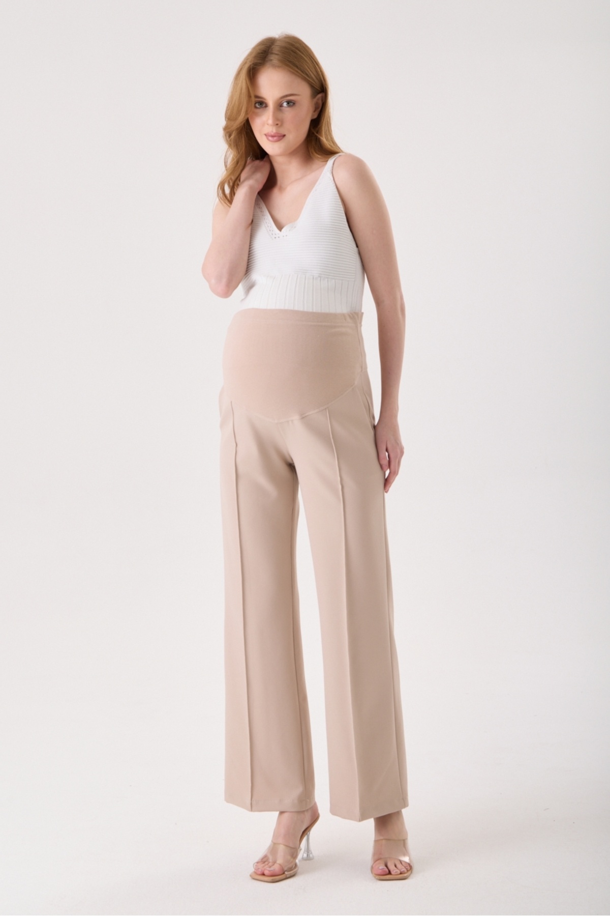 KATLİN MATERNİTY WEAR بنطلون قماشي للحمل بقصة ساق واسعة، بخصر قابل للتعديل وتفاصيل خياطة أمامية