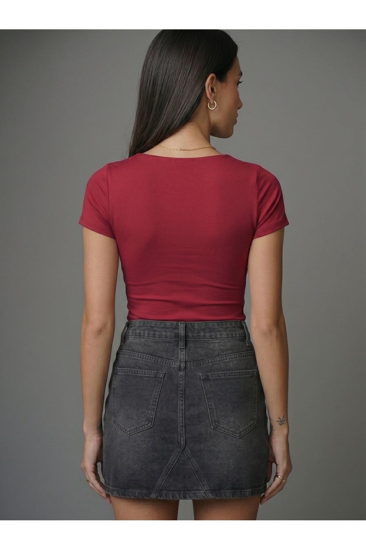Kadın Kare Yaka Kısa Kollu Çıtçıtlı Body Slim Fit Dar Kalıp Likralı Bodysuit - Kırmızı 4