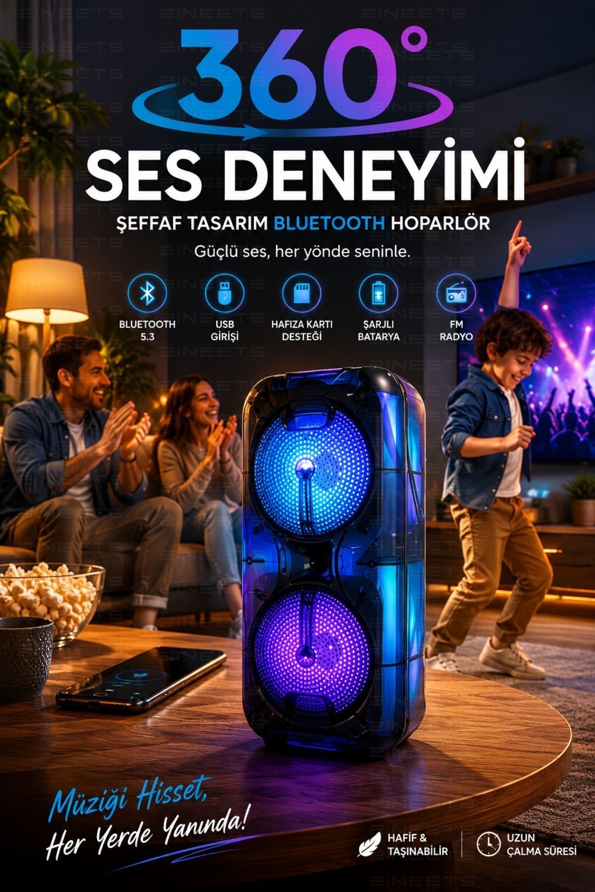 Zineets FULL Işıklı Büyük Boy Party Box Bluetooth Hoparlör
