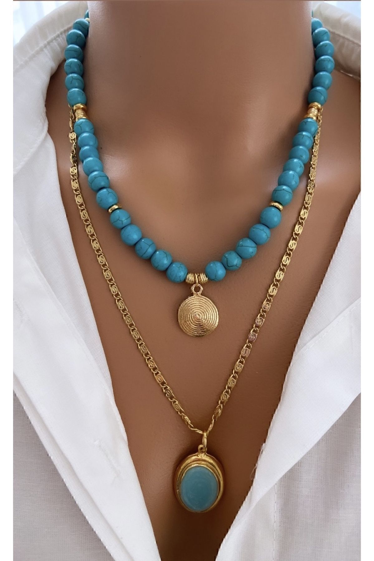 TWO NECKLACE SET Natural Stone Blue Turquoise Turquoise Stone Steel Chain Gold Plated Framed Women Necklace in Gift Box