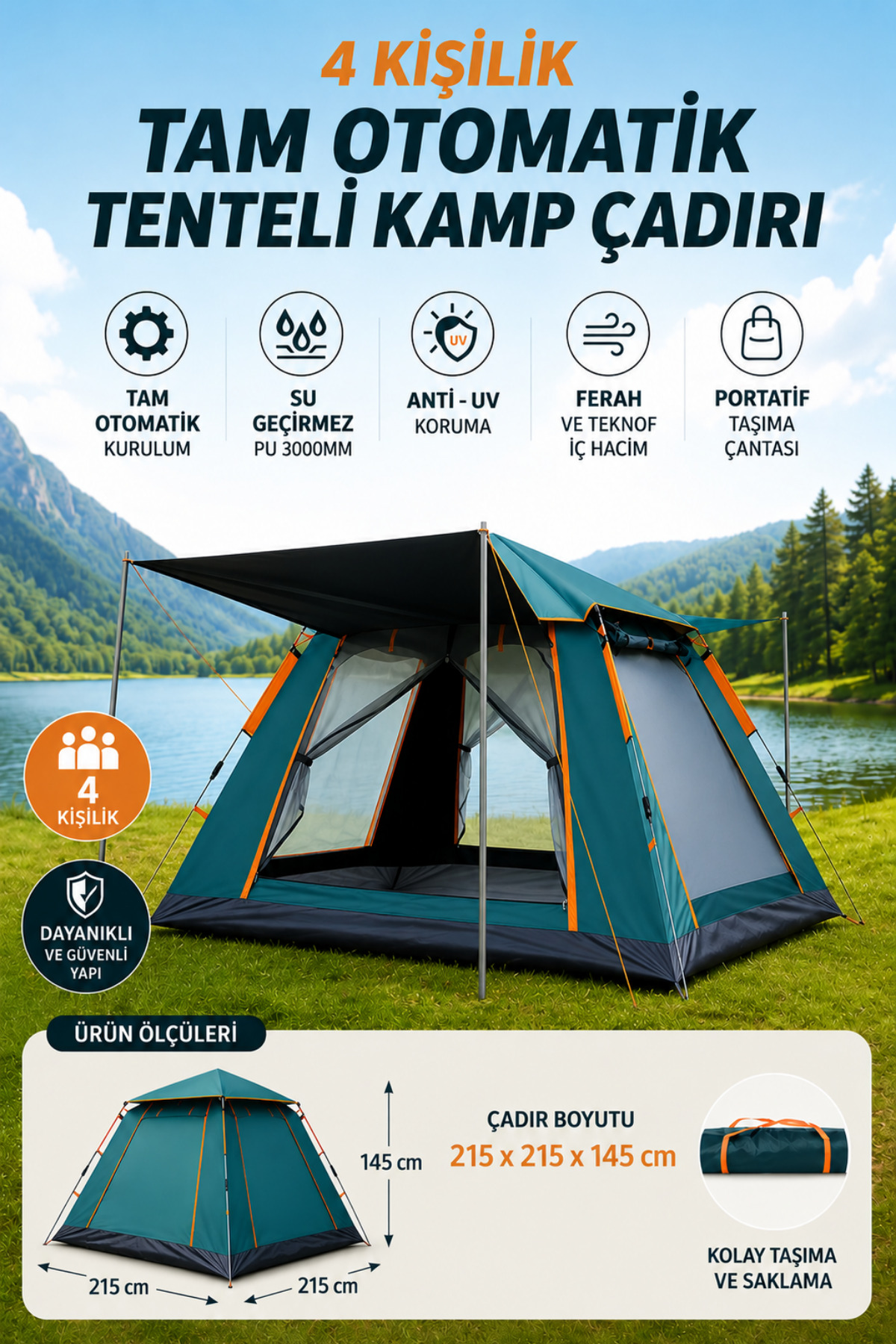 post alley 4 Kişilik Tam Otamatik Tenteli Kamp Çadırı Portatif Anti-uv Su Geçirmez Outdoor Plaj Piknik Çadırı