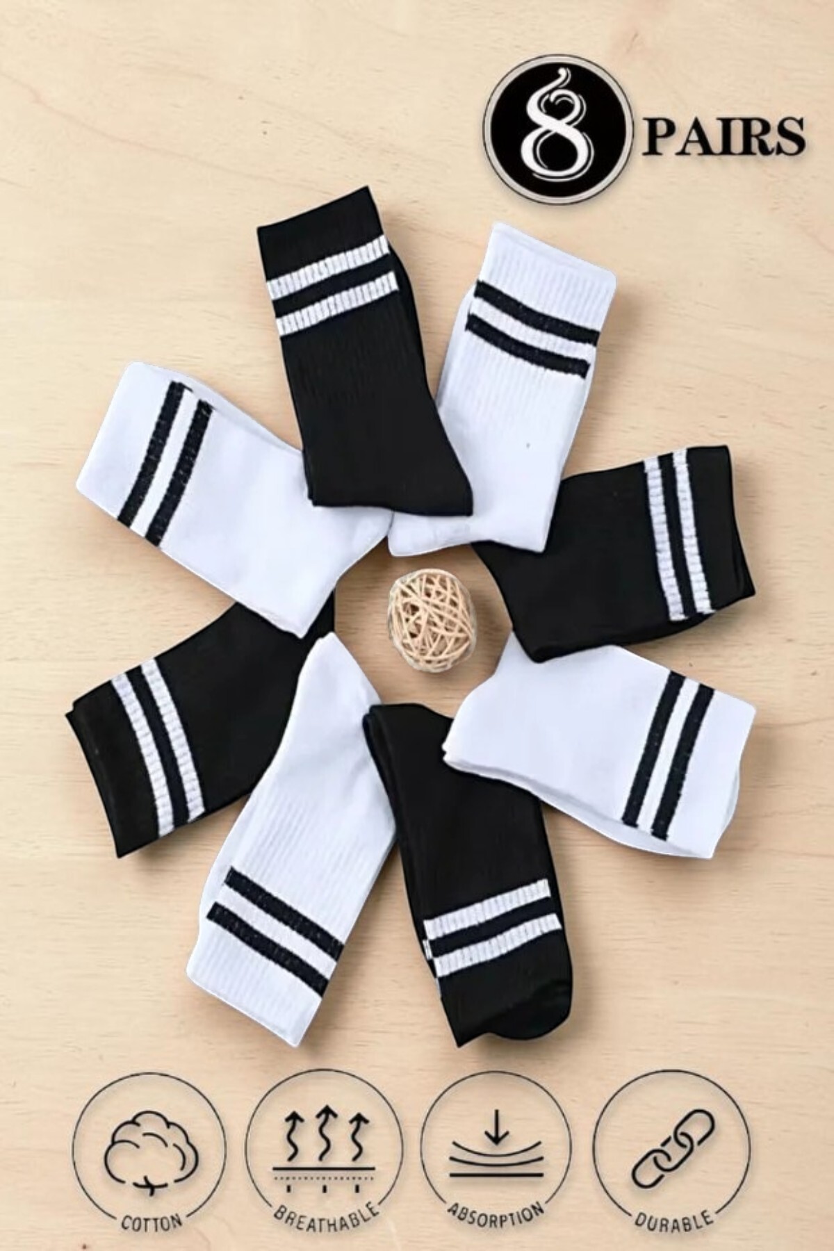 Esinti 8 Pairs Unisex College Socks – Cotton, Black and White Striped