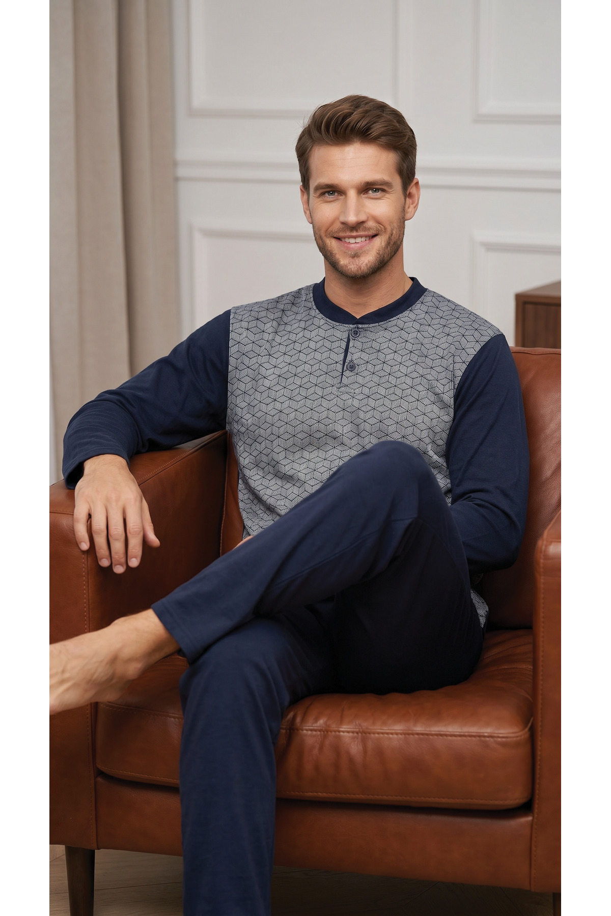 100% Cotton Single Jersey Jacquard Men's Pajamas Set 1001