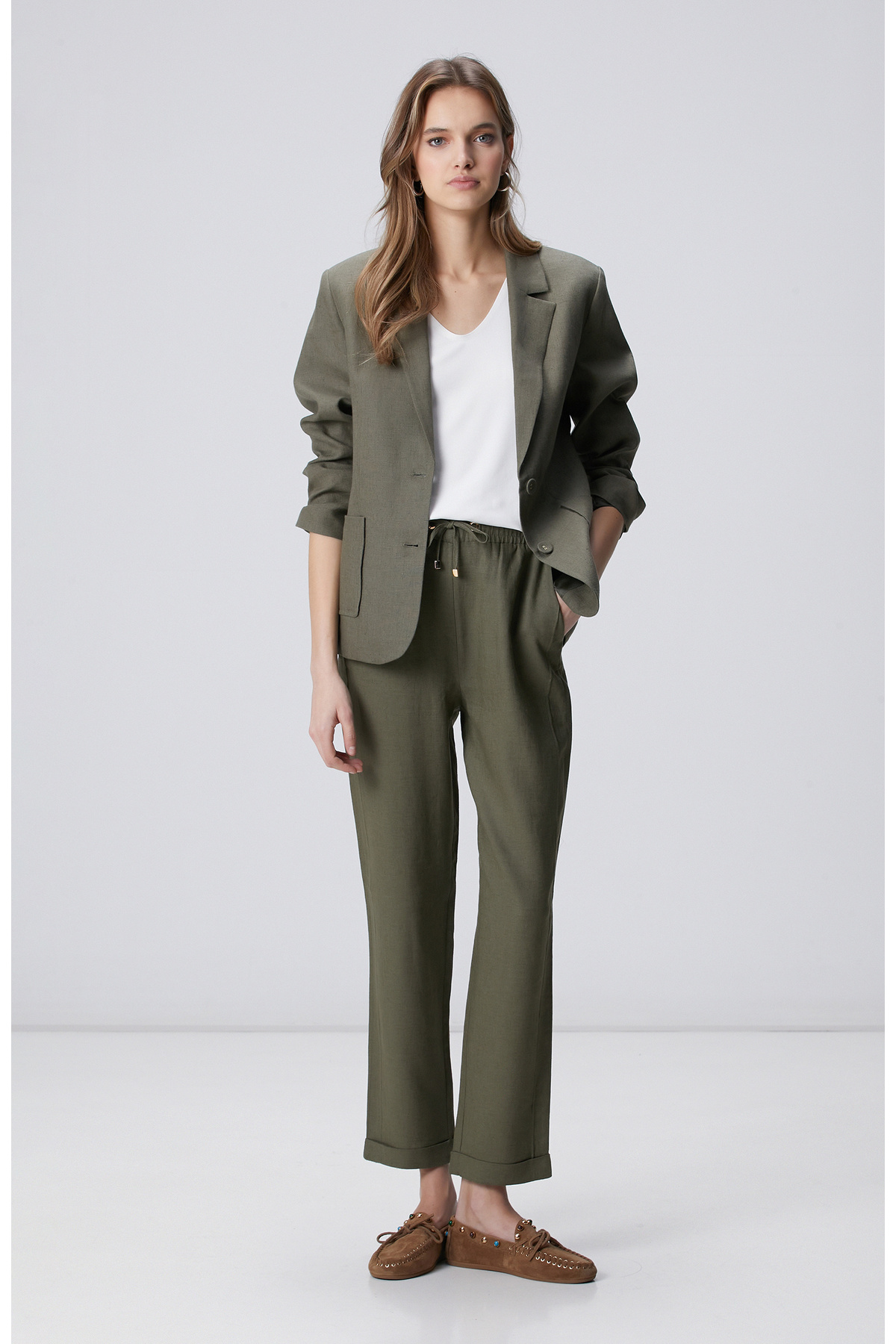Khaki Rib Detailed Linen Mix Pants