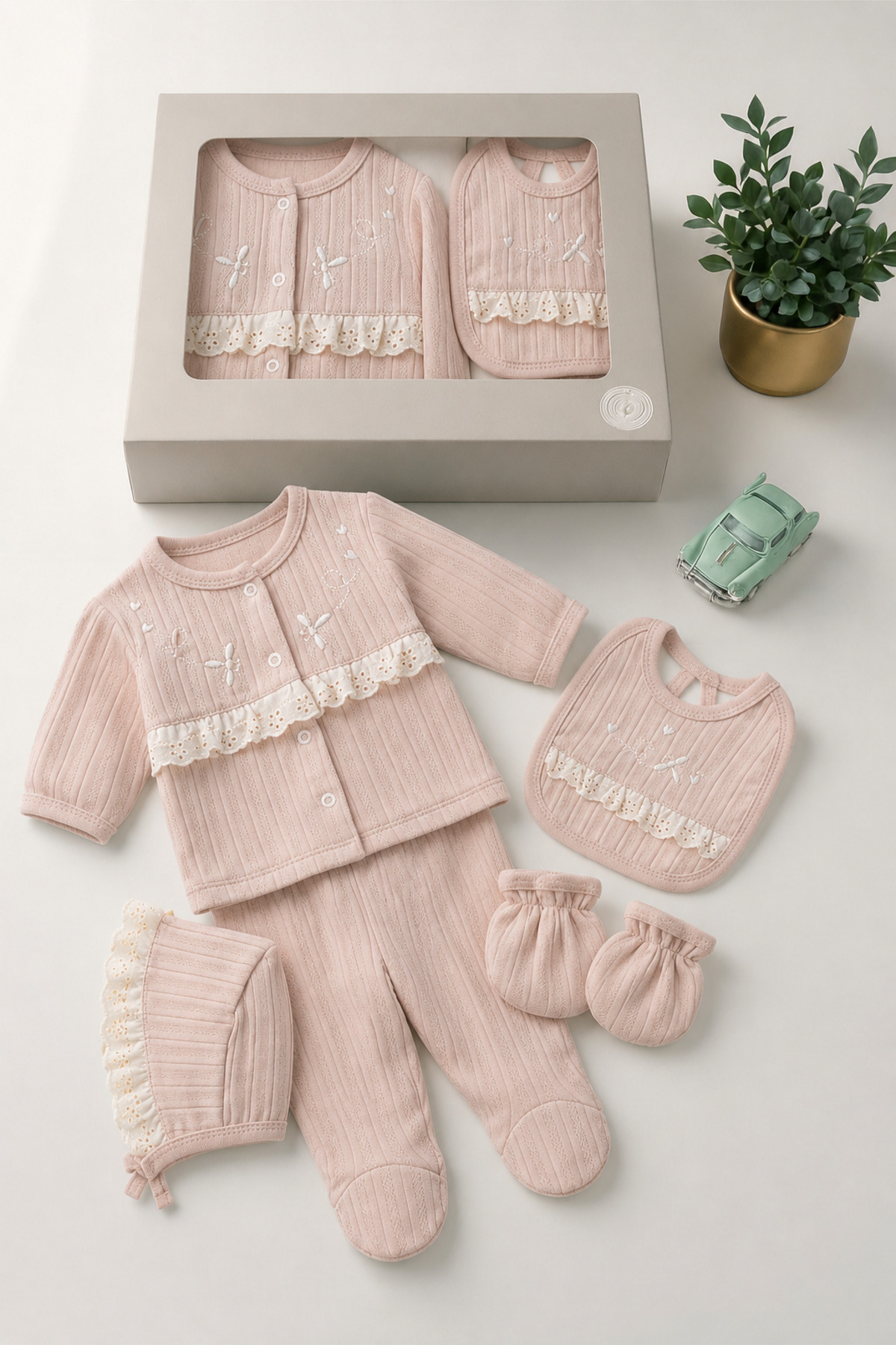 Dusty Rose Butterfly Scallops Detailed 5-Piece Baby Girl Hospital Exit Set