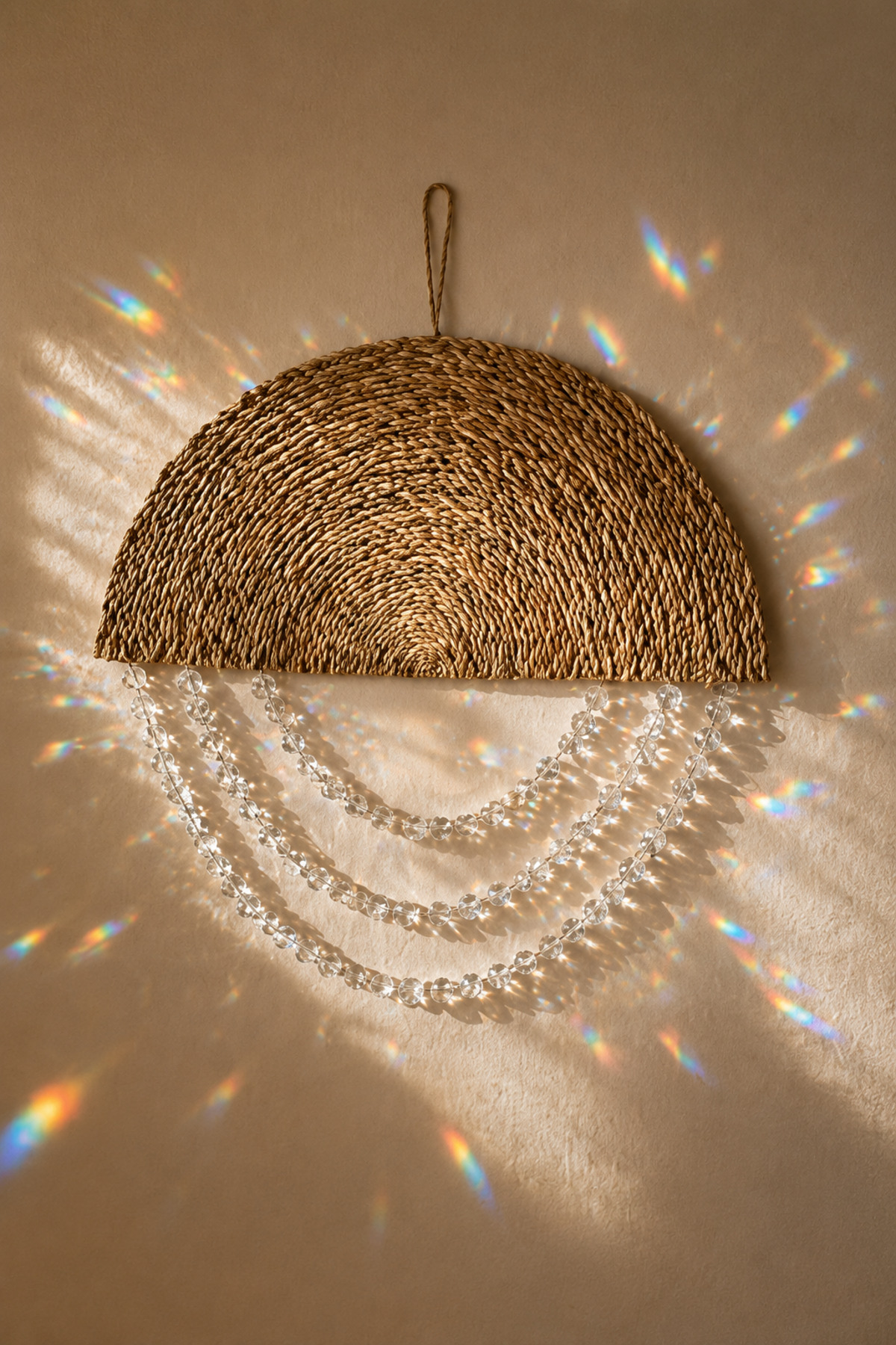 1 Piece || Modern Crystal Detailed Bohemian Natural Wicker Wall Decor Handmade Decorative Wall Decoration Wall Ornament Bohemian Rustic Modern Home Lounge Foyer Handmade Decorative Wall Ornament Accessory
