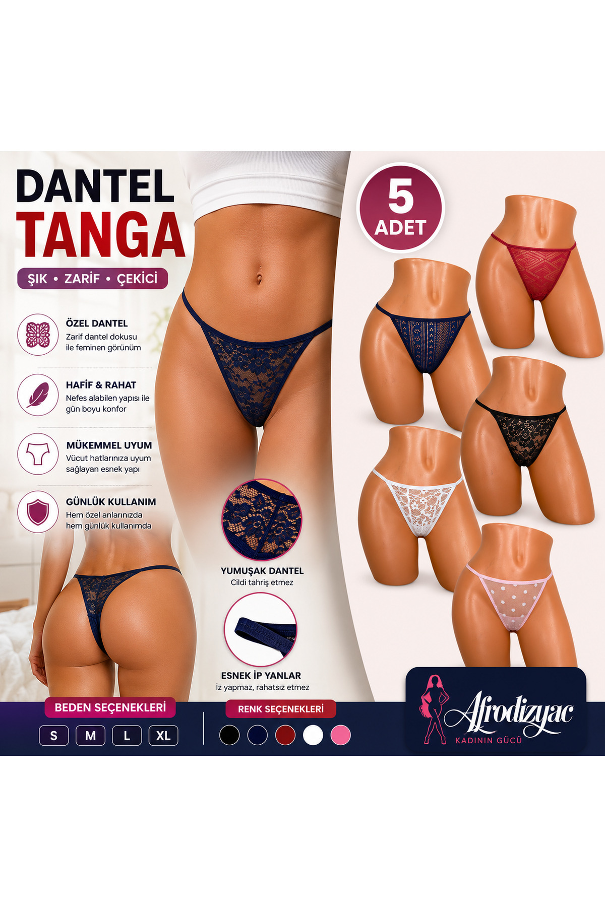 Afrodizyac 5'li Dantel Tanga görsel 2