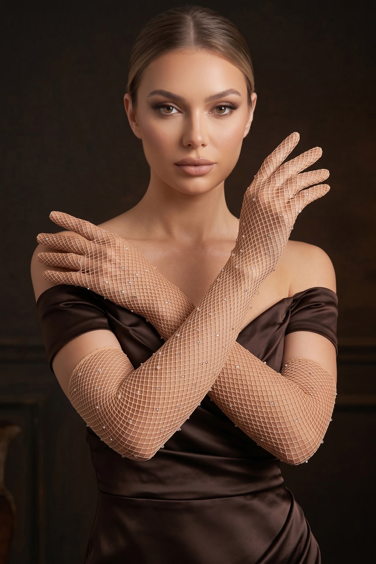 Elegance Scarf Uzun File Taşlı Eldiven Ten Rengi Abiye Davet Gece Parti Söz Kına Nişan Mezuniyet
