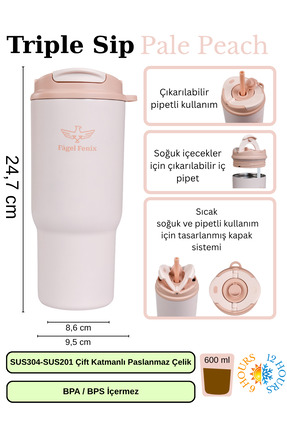 Fagel Fenix 600 ml Triple Sip Pale Peach Çift Katmanlı Paslanmaz Çelik Termos...