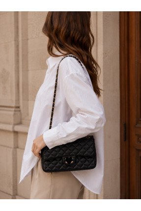 Derinbags Lüks Siyah Kapitone Gold Zincir Detaylı Kadın El ve Omuz Çantası