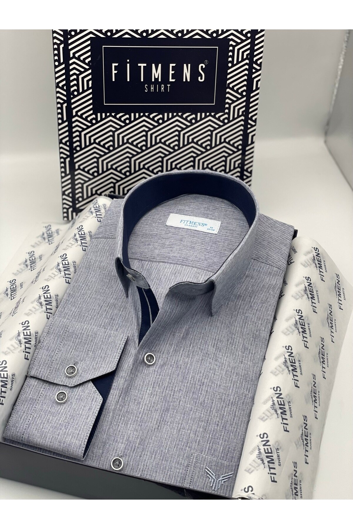 Classic Long Sleeve Linen Cotton Men's Shirt with Gift Box FS-001261-Navy Blue