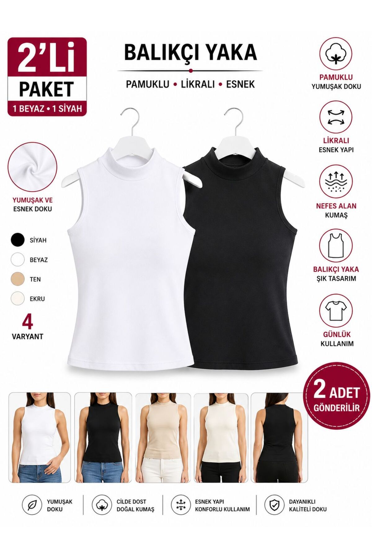 COMFORT SECRET Kadın 2'li Siyah Beyaz Sıfır Kol Likralı Balıkçı Yaka Içlik Atlet Ekonomik Kaliteli Ve Uygun Paket