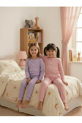 Minidamla Gülen Yüz Baskılı 1-7 Yaş Pijama Takımı - Pembe