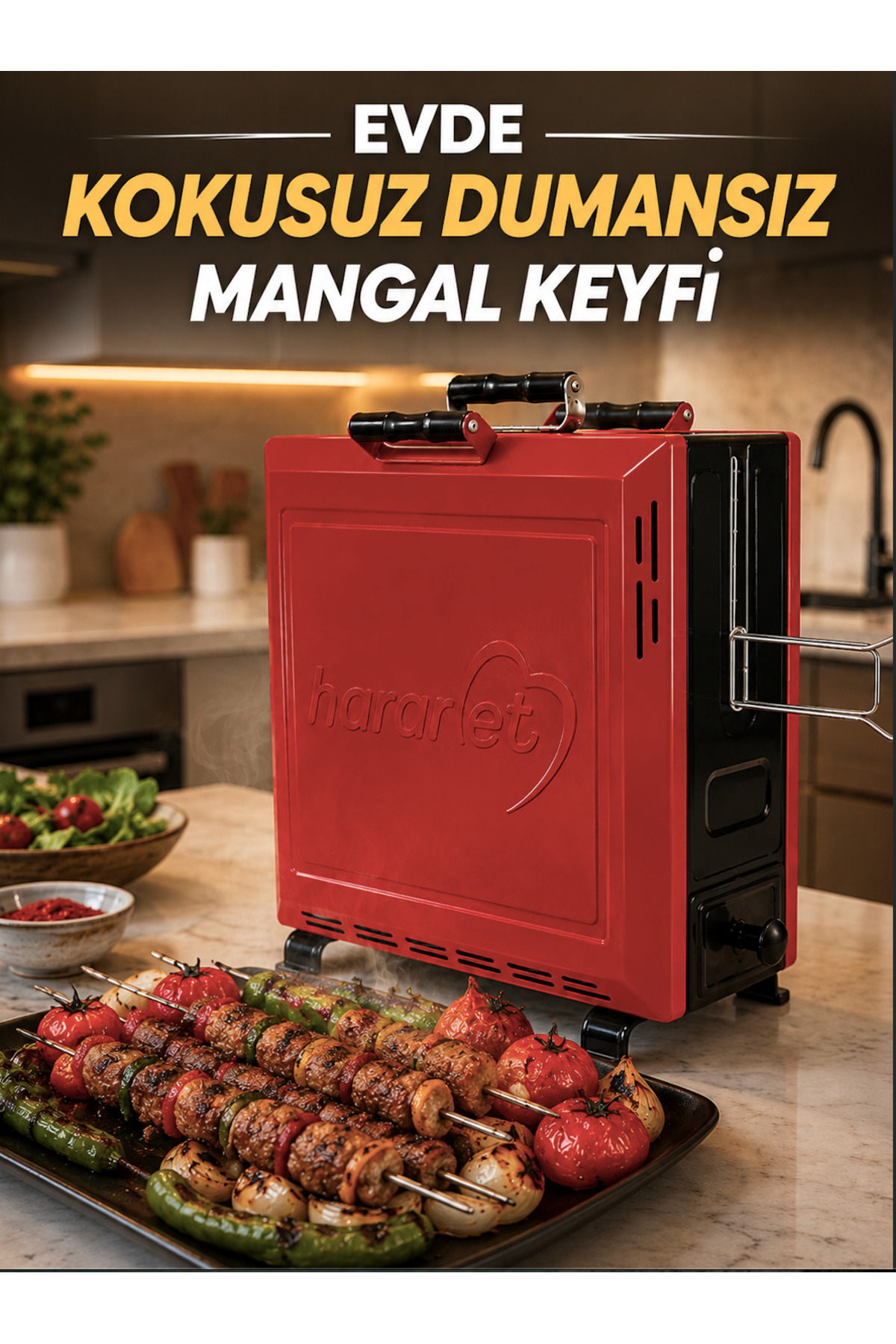 Hararet Dumansız Elektrikli Izgara Dikey Mangal - Apartman Kapalı Alan Mangalı Çift Taraflı 2800W - Kokusuz Izgara