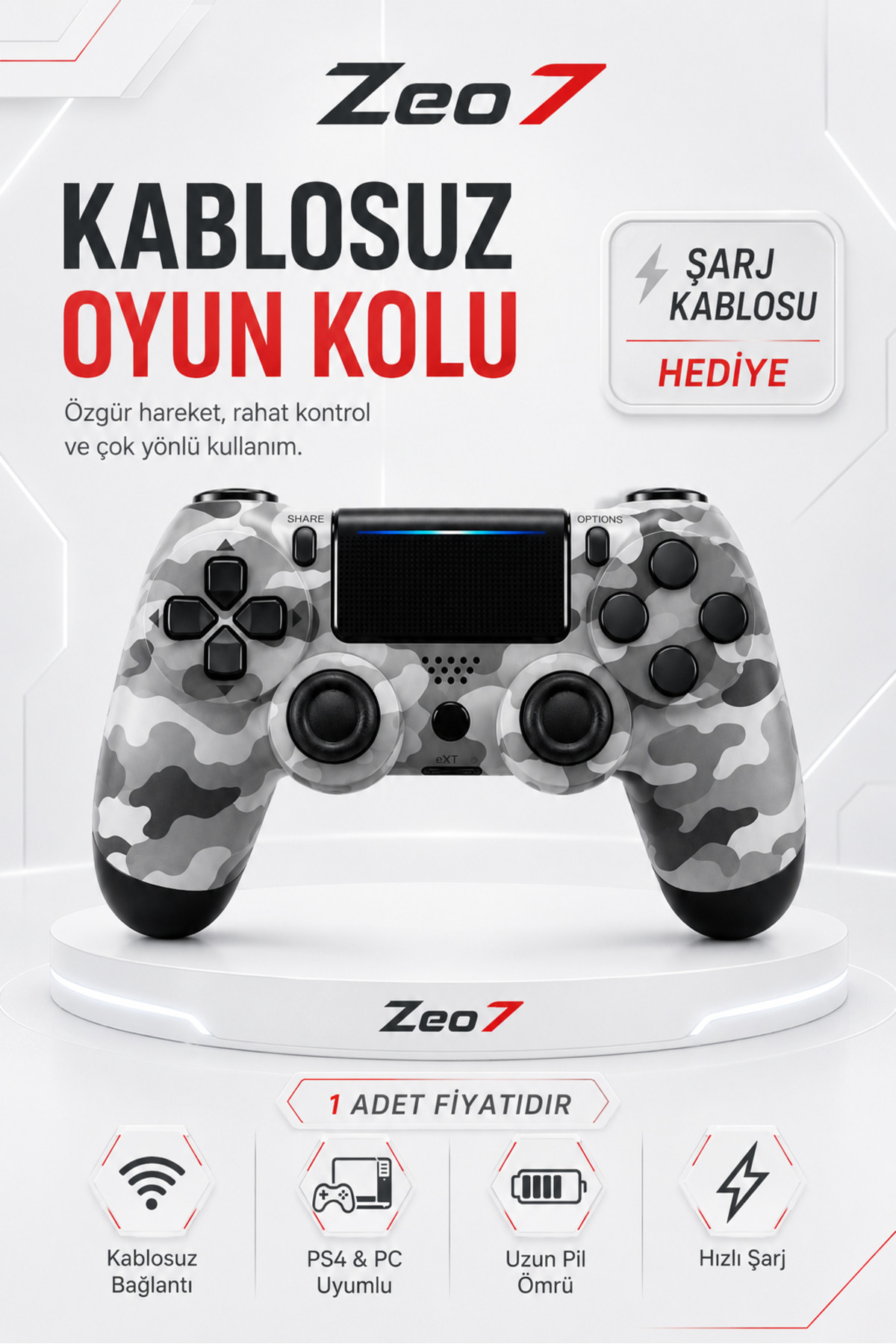 Zeo7 PS4 Kol Kablosuz Oyun Kolu Titreşimli Joystick Tablet Telefon