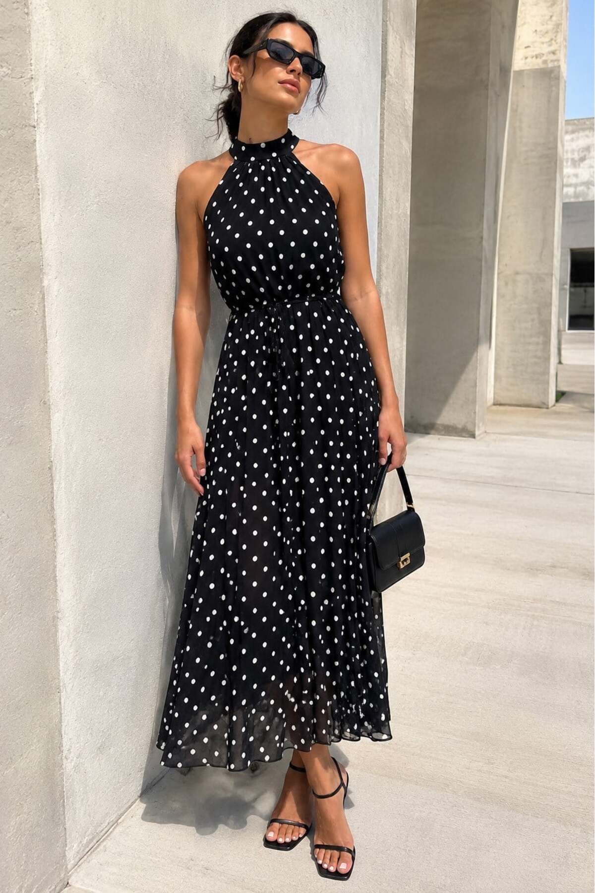 Black Polka Dot Zero Sleeve Halter Neck Dress MG2134