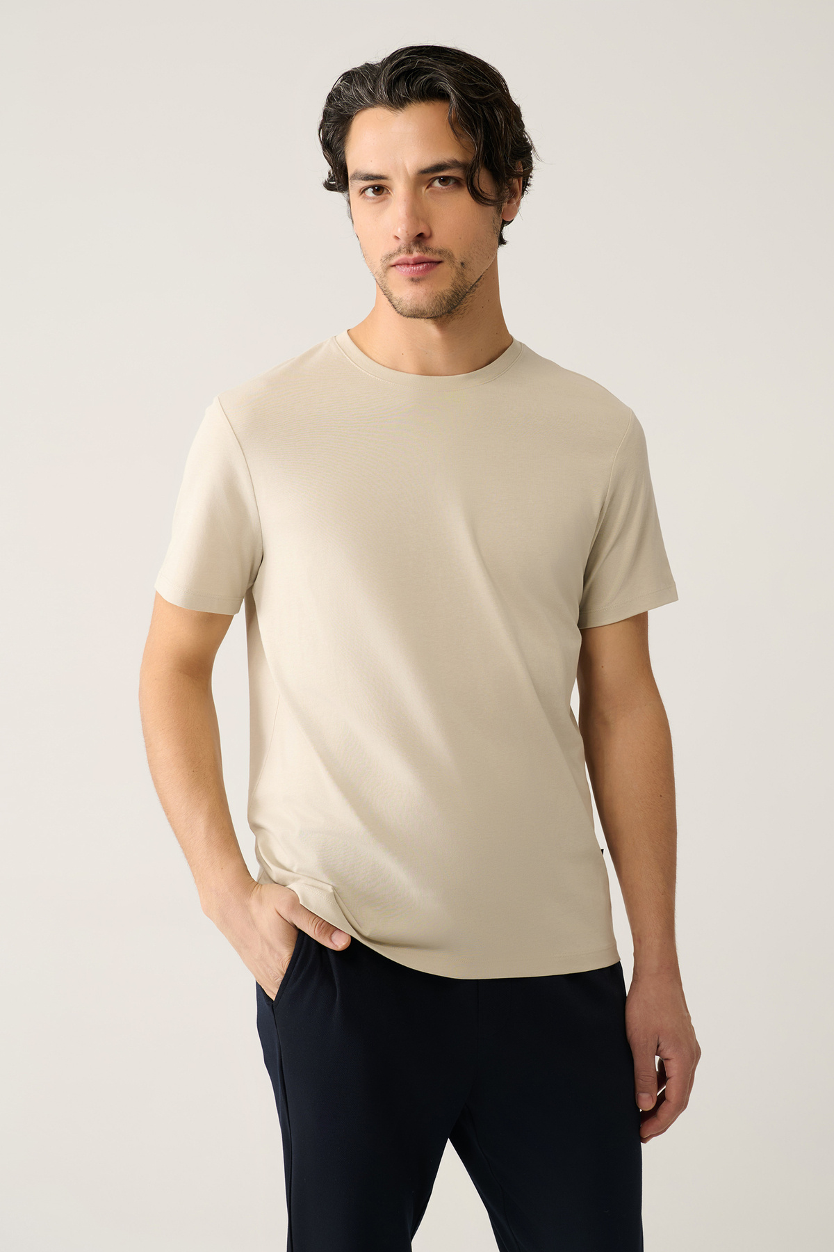 Men's Beige Basic Cotton T-shirt E001000