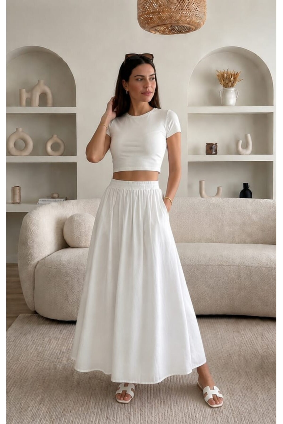 Gülmude  Çift Cepli Poplin Kumaş Beli Lastikli İç Göstermez Maxi Etek (90 CM) - Görsel 4
