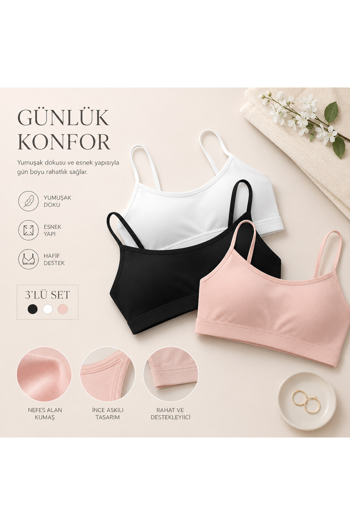 twenty ipek Kadın Renkli 3'Lü ip Askılı Pedli Yarım Atlet 95% Pamuk,
