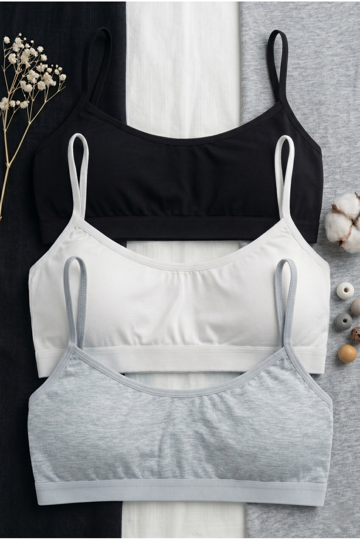 underwear bodyway Bralet 3’lü Set, İnce Askılı, Balensiz Pamuklu Büstiyer | Siyah + Beyaz + Gri Melanj