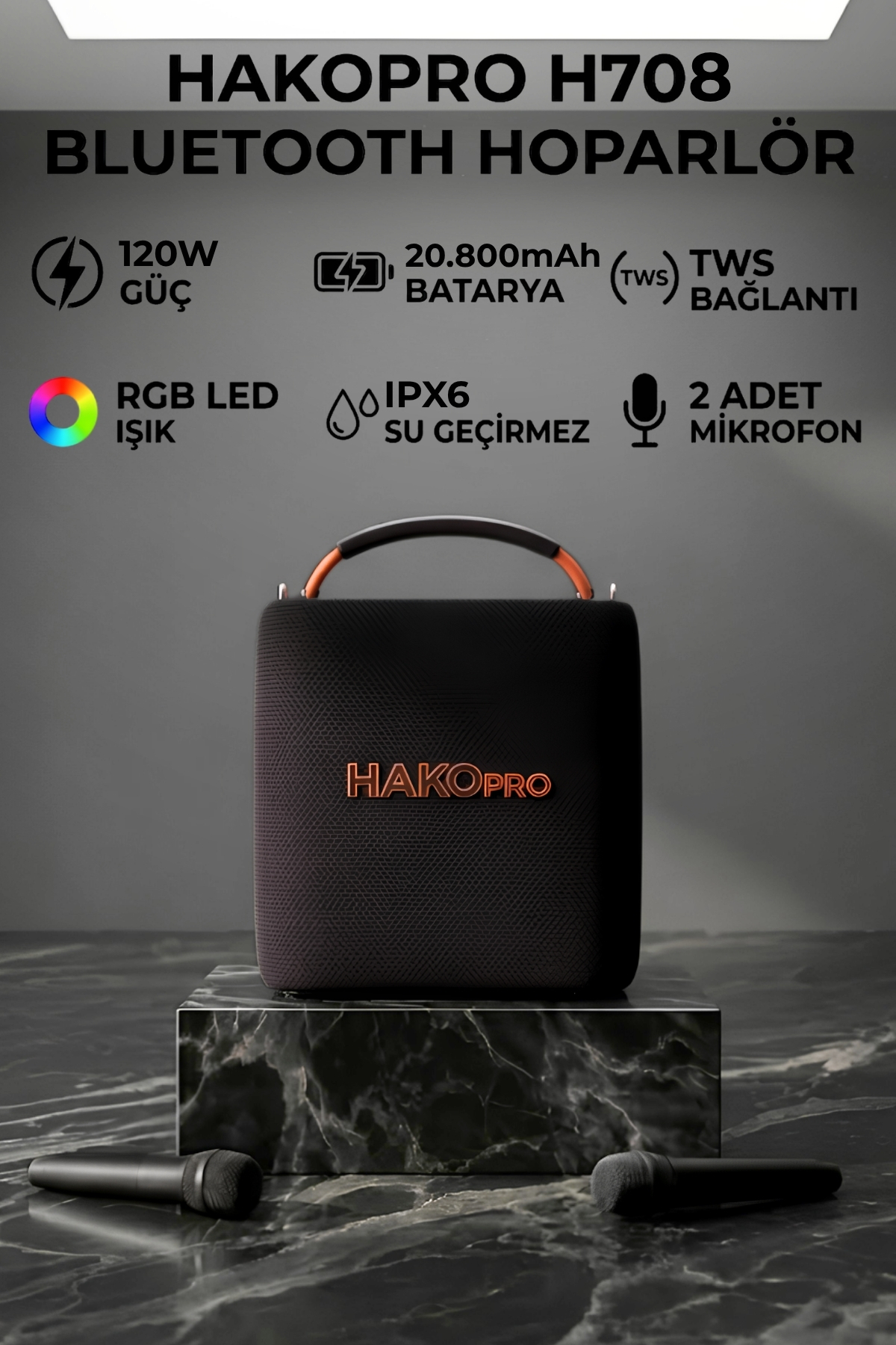 hakopro 120W 20800 mAh Rgb Ledli Mikrofonlu Siyah Hoparlör Ipx6