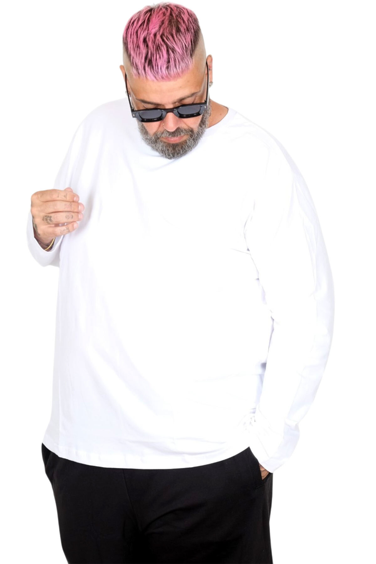 ModeXL Mode Xl Büyük Beden Erkek Tshirt Likralı Bisiklet Yaka 20102 Beyaz görsel 2