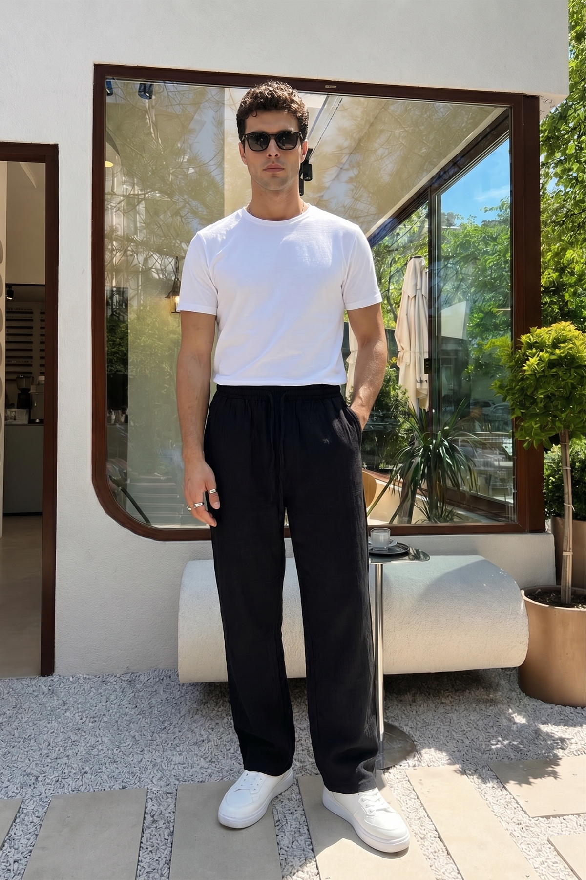 Balve 100% Cotton Baggy Muslin Fabric Men's Pants Lace-up Elastic Waist Summer Pants