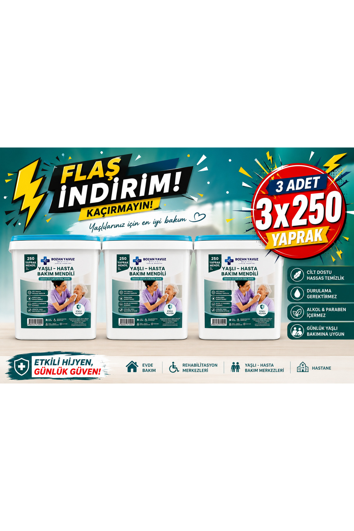 Bozan Yavuz Medical Sağlık Ürünleri 3x250 Yaprak Hasta-Yaşlı Bakım