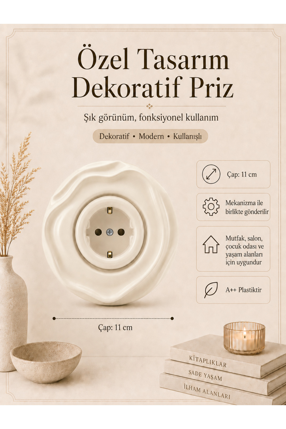 Özel Tasarım Wavy Serisi Kırık Beyaz Renk Dekoratif Priz A Kalite Plastik (Mekanizma Dahildir)