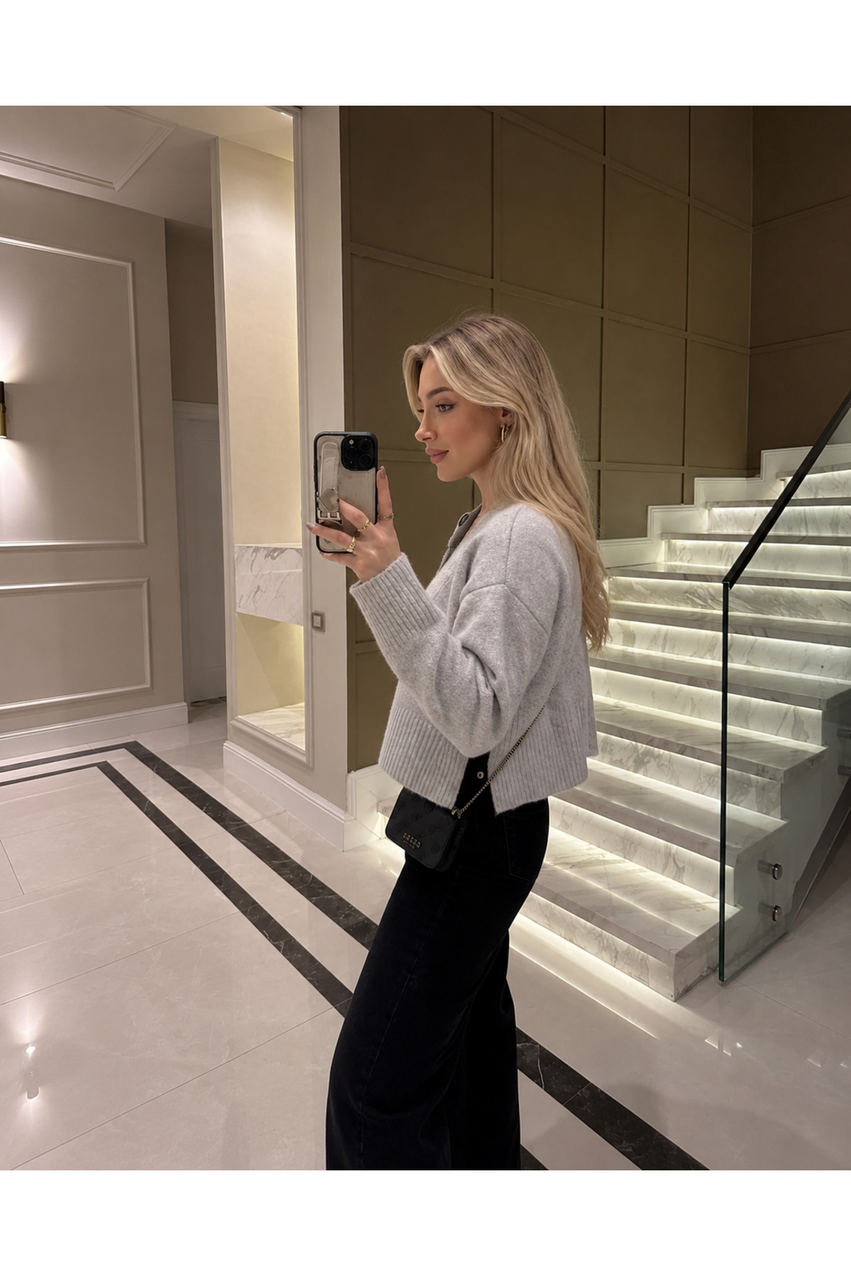 nathia outdoors Kadın Gri Düğme Detaylı Triko Hırka görsel 2