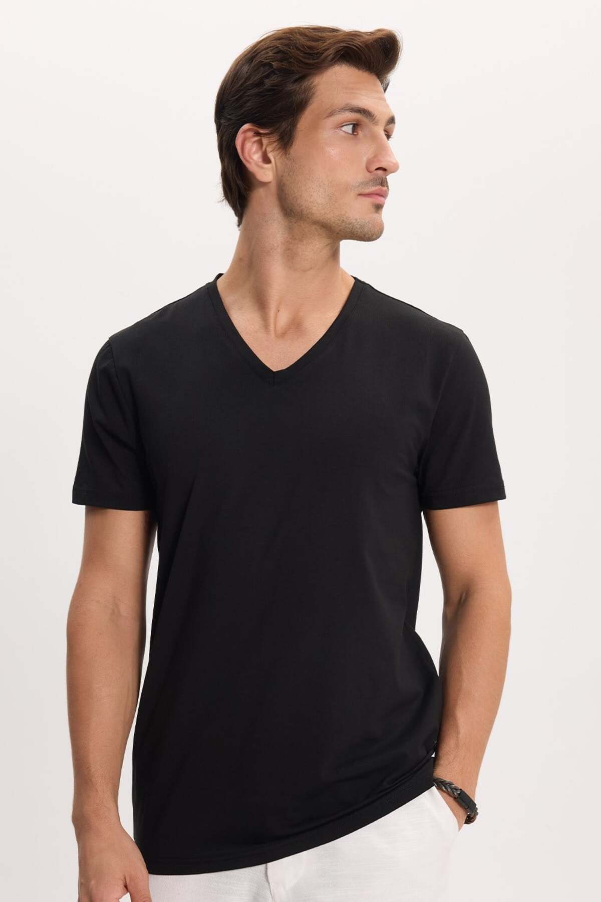 Tudors Erkek Slim Fit Dar Kesim Pamuklu Yumuşak Dokulu Likralı Esnek Kumaş Düz Basic Siyah V Yaka Tişört görsel 4