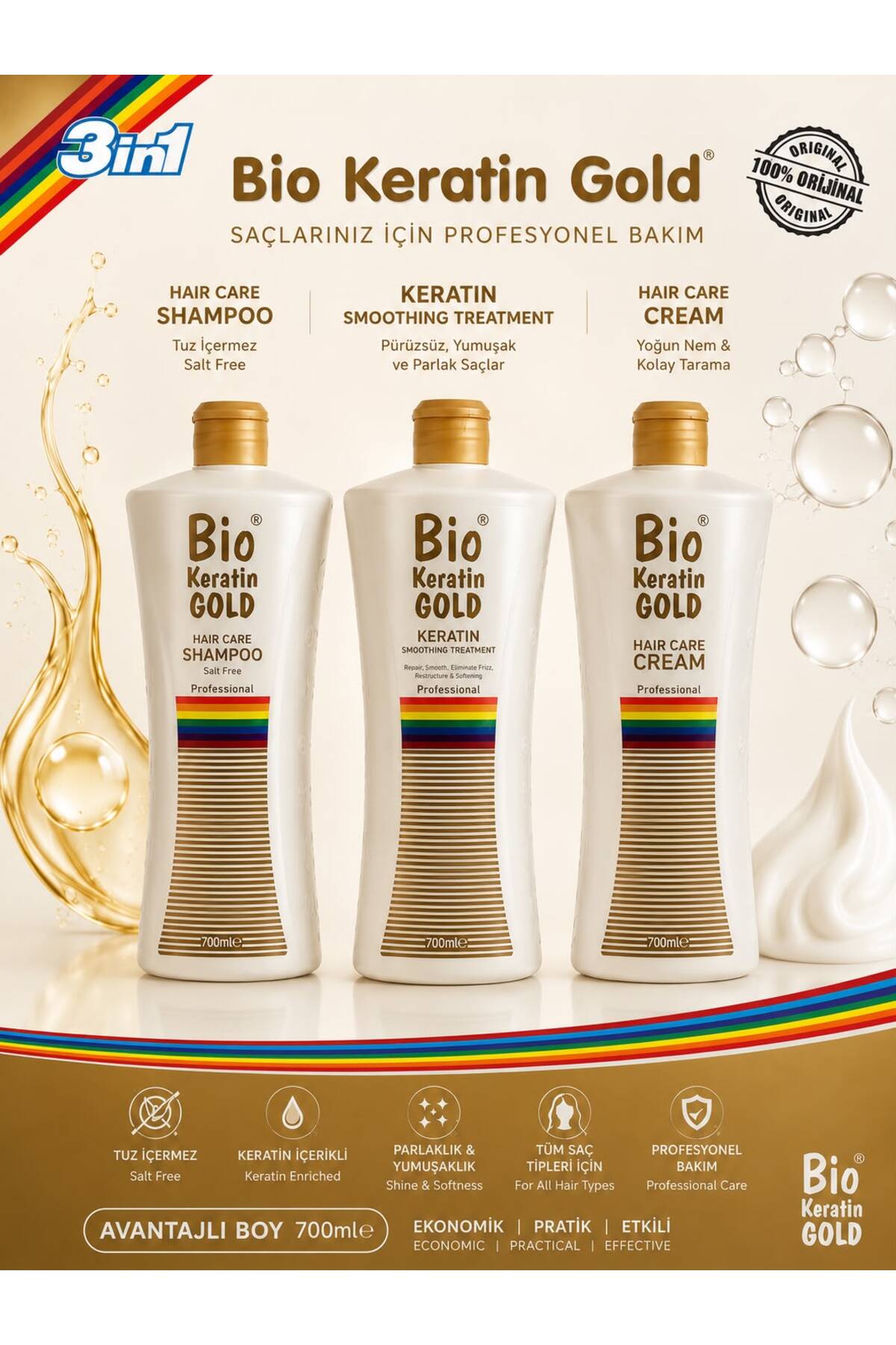 Gold Kalıcı Brezilya Fönü 3'lü Set 700 Ml ( Keratin - Tuzsuz Şampuan - Saç Kremi ) — 247693 — تصویر 2 از 8