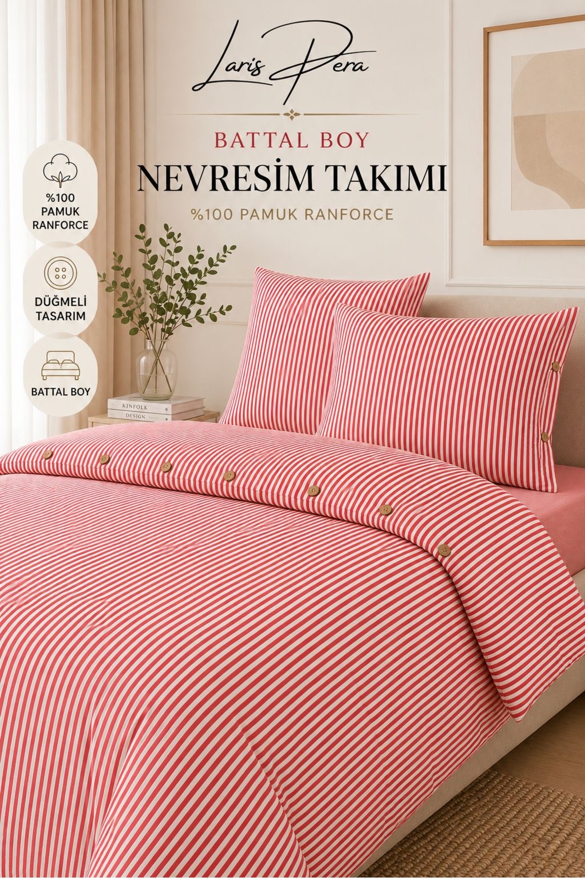 Laris Pera 100% Cotton Ranforce Red Plus Size Striped Duvet Cover Set Buttoned King Size
