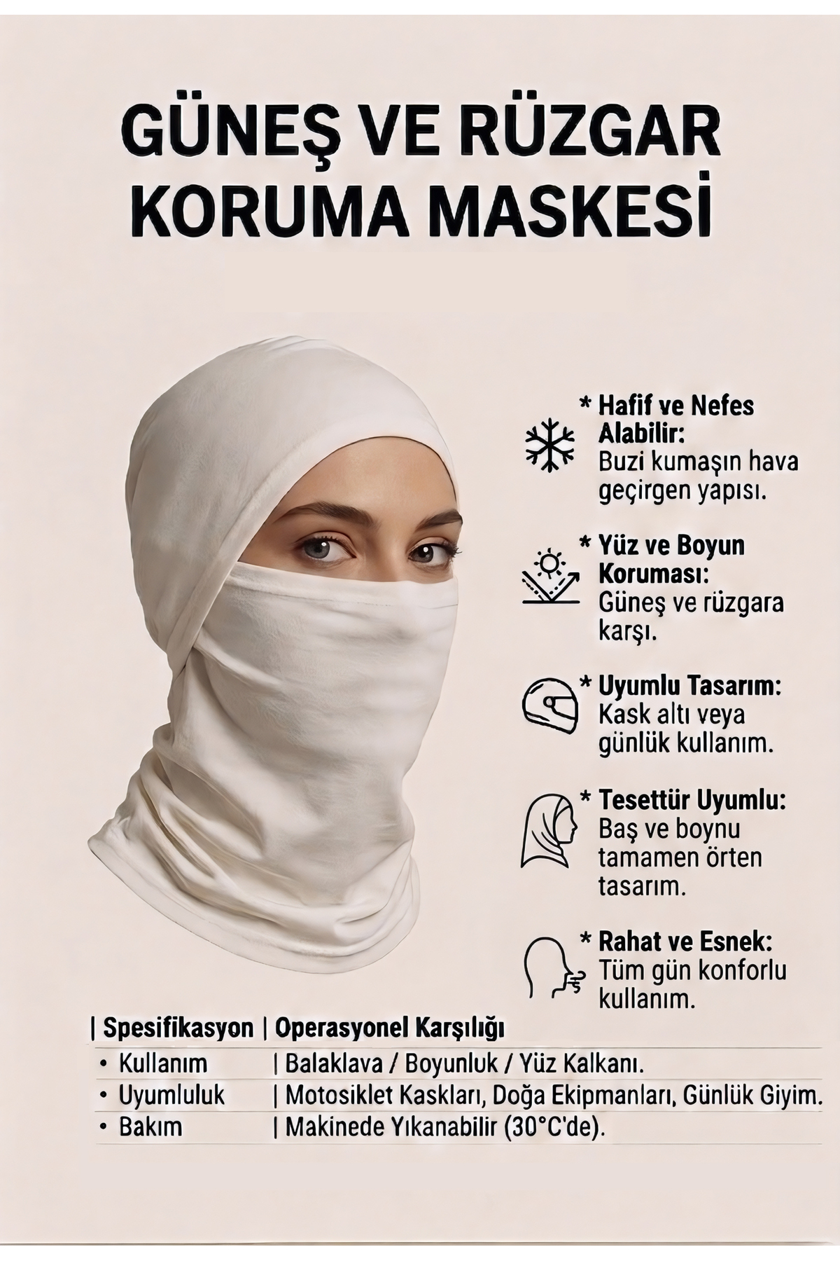 Mrey Yazlık Ekru Güneş ve Rüzgar Maskesi İnce Hafif Kar Maskesi Balaclava Motorcu Kask Boyunluk Bere