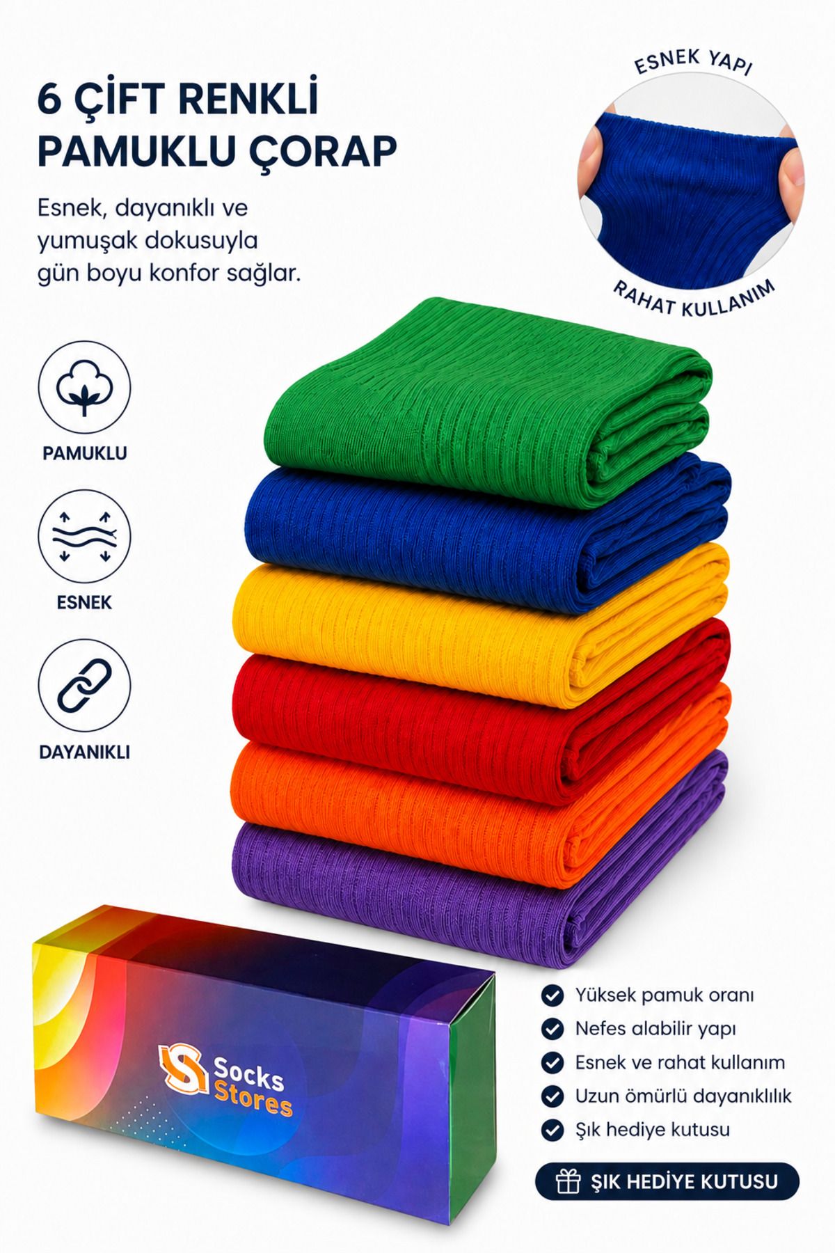 Esinti 6 Çift Unisex Renkli Kutulu Tenis Çorabı Uzun Renkli Erkek Kadın Çorap