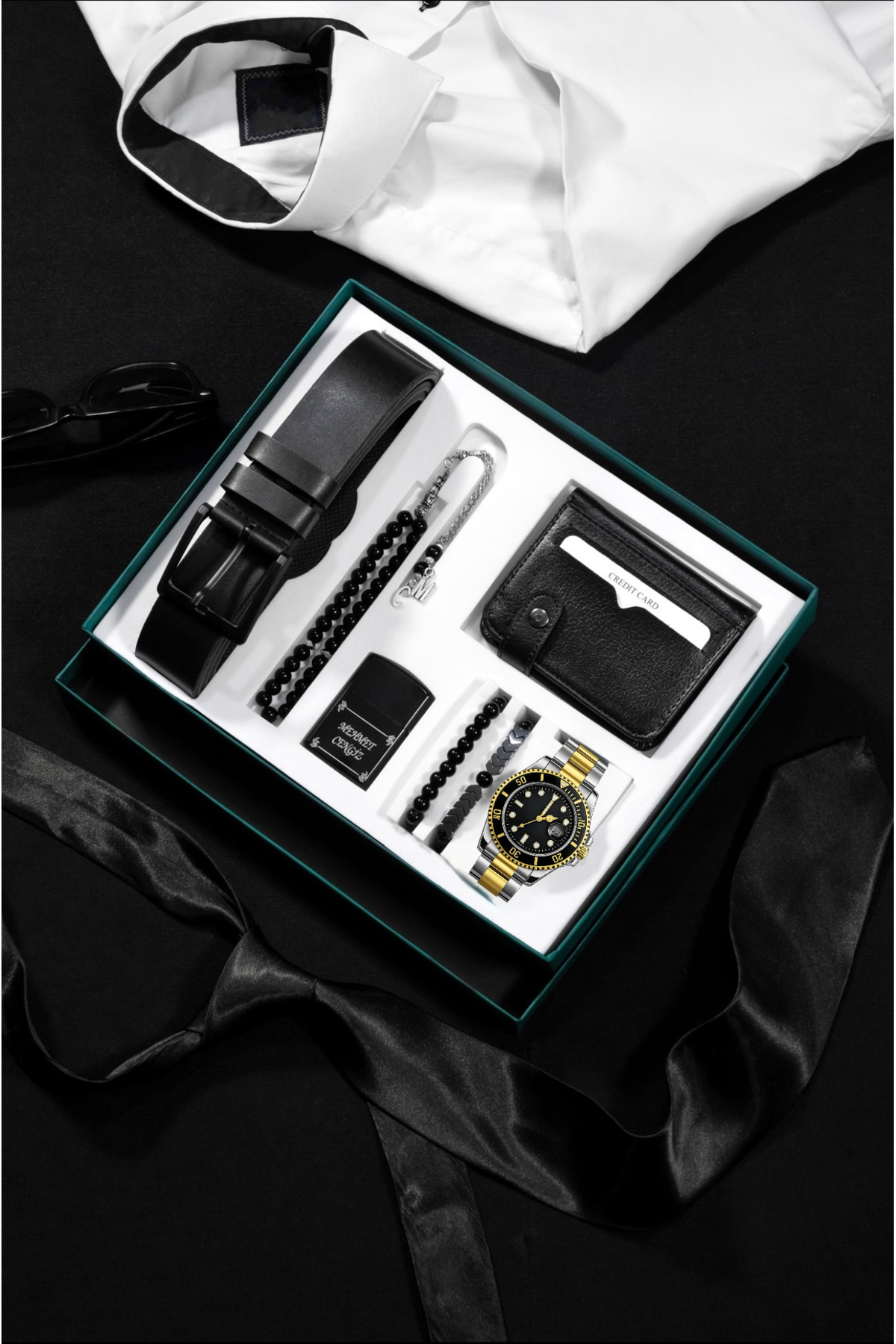 Men's Wrist Watch Cigarette Lighter Belt Wallet Rosary and Bracelet Set