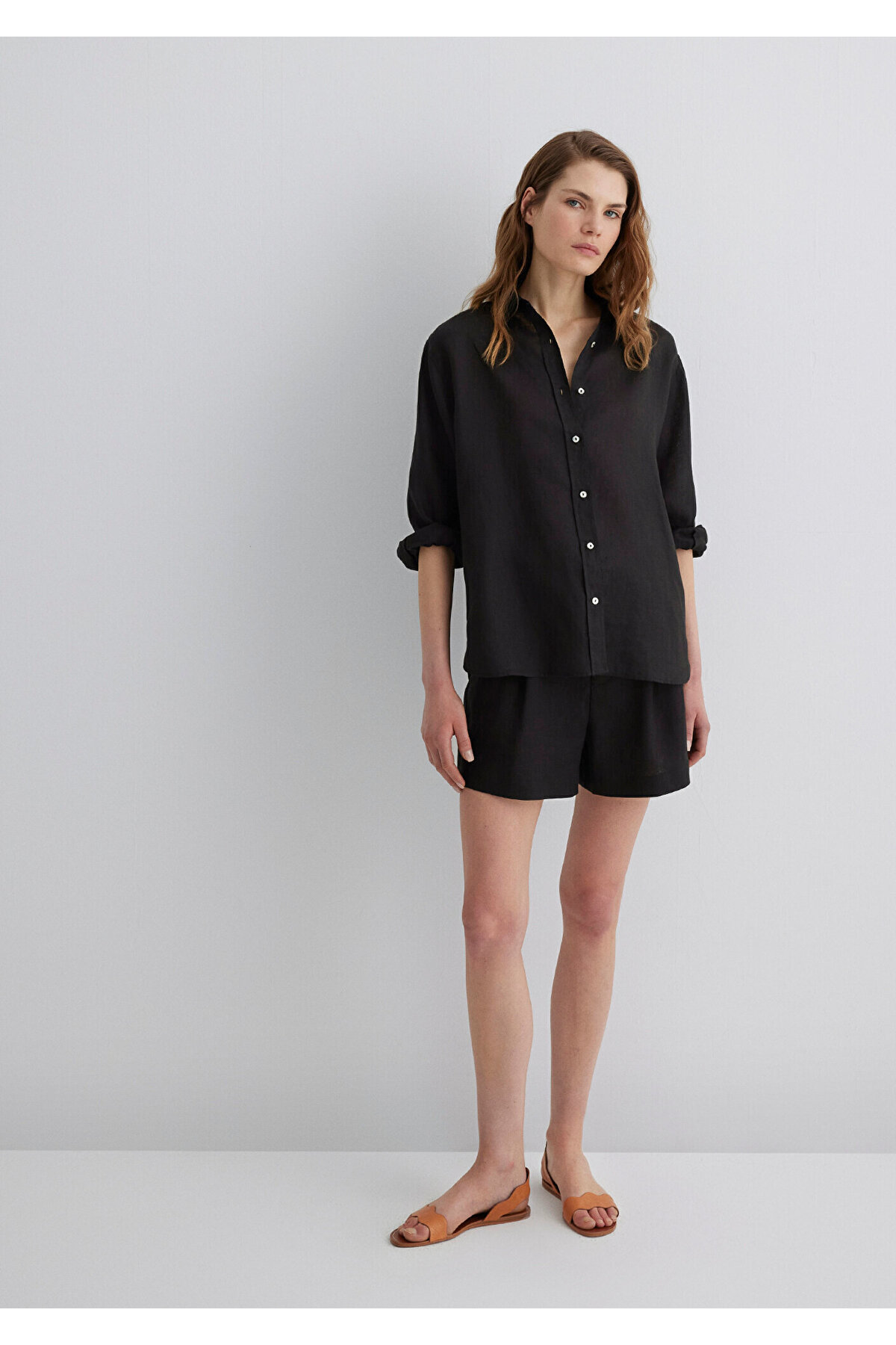 Siyah Keten Gömlek Loose Fit / Bol Rahat Kesim 1210747-900 — رنگارنگ — تصویر 3 از 8