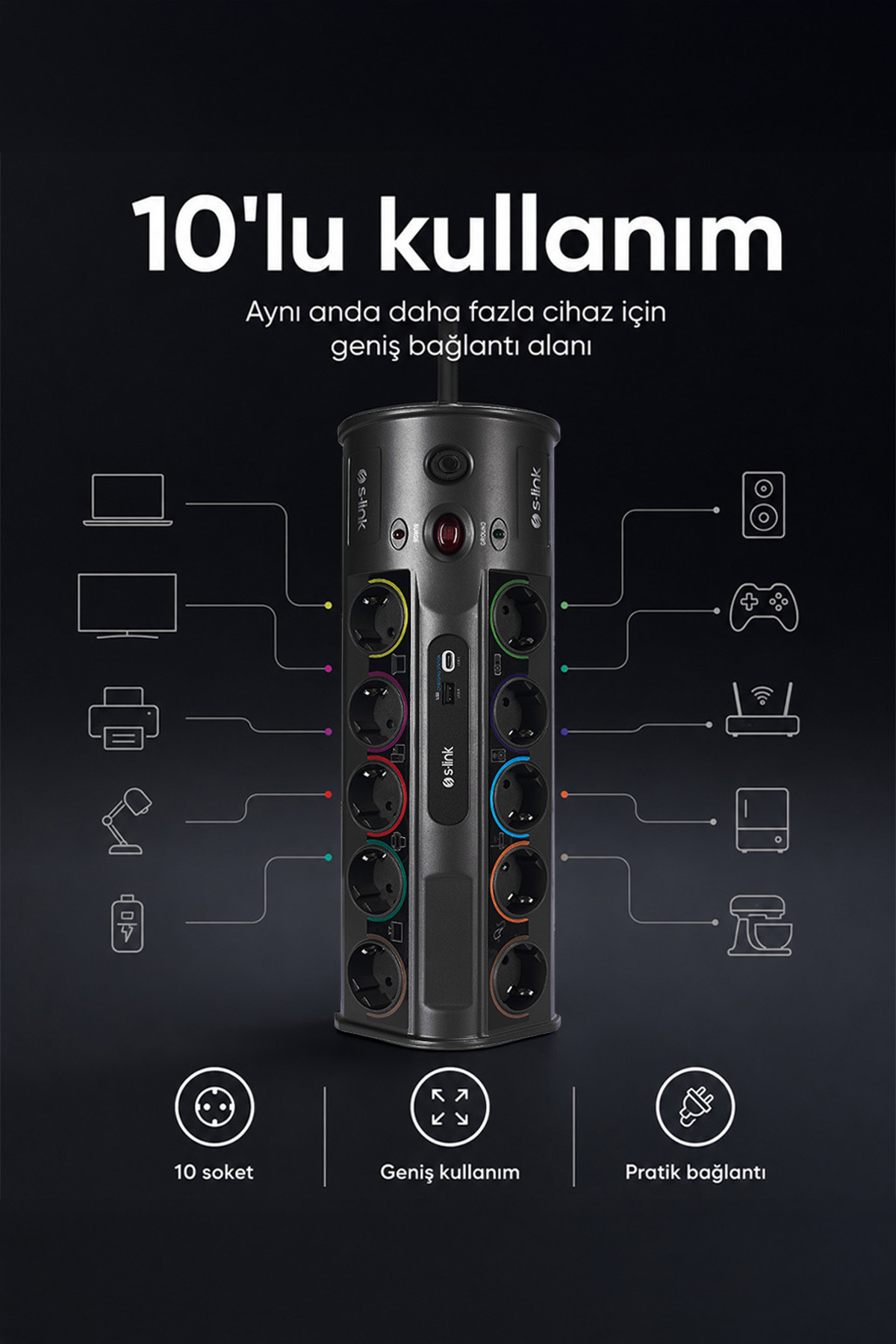 S-Link PRZ01 Akım Korumalı Priz 10'lu 3M 1860 Joule 1.5mm 1 Usb 1