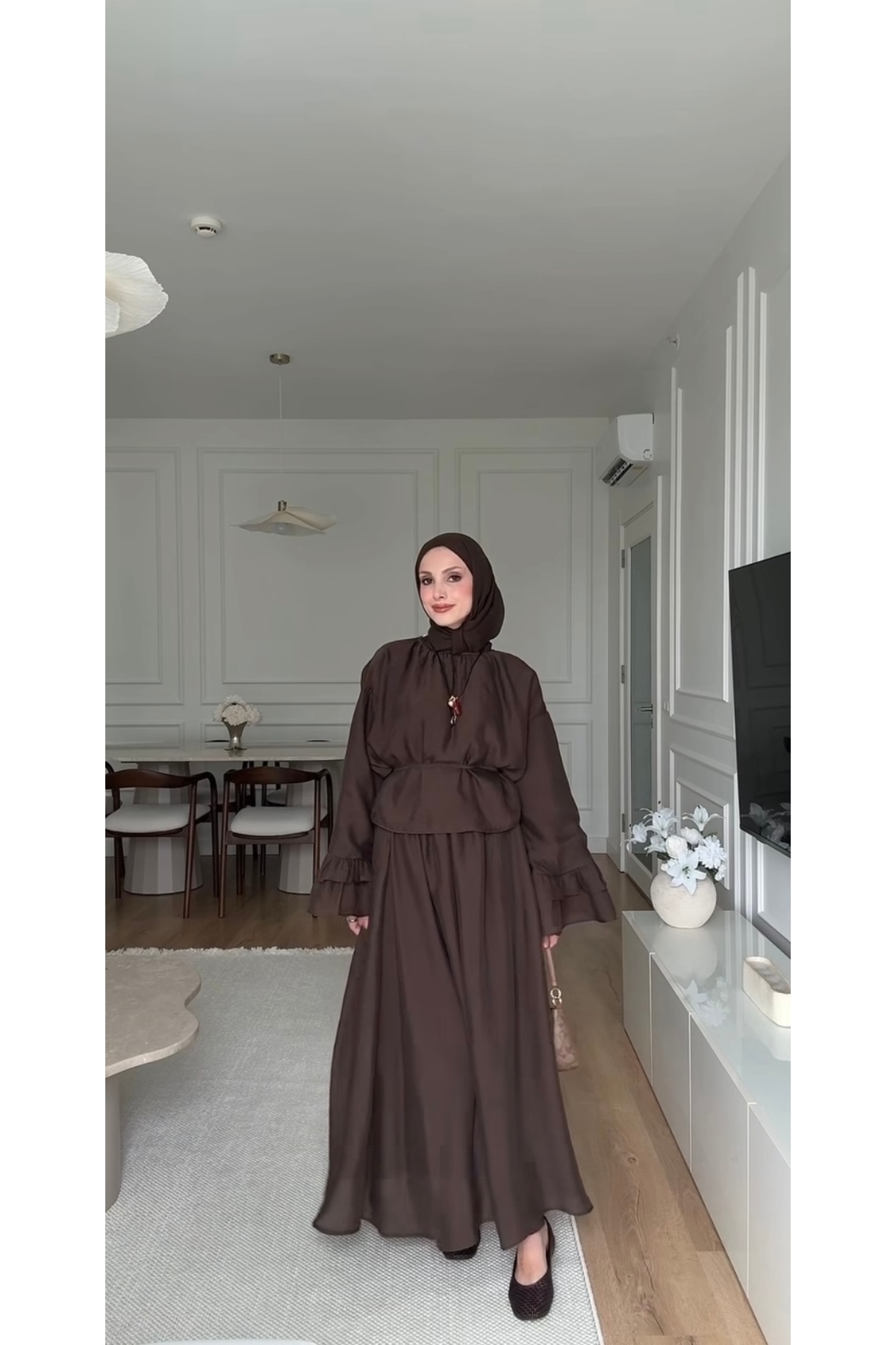 Miraydın Butik Women's Ruffle Detailed Waist-Tie Skirt Suit M41675 - Brown