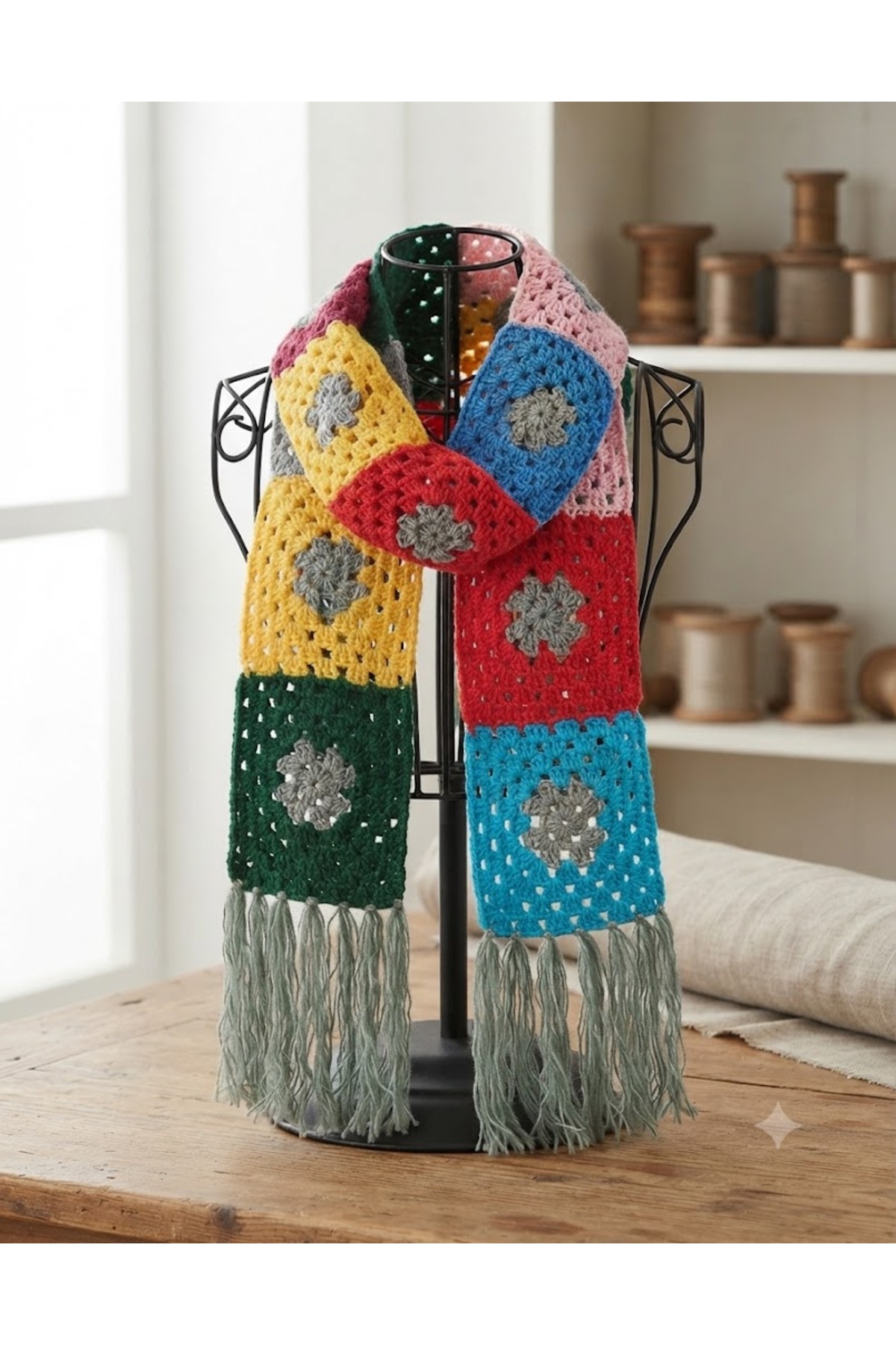eL&Ma Design El Örgüsü Etnik Otantik Motifli Çok Renkli Atkı & Boyunluk