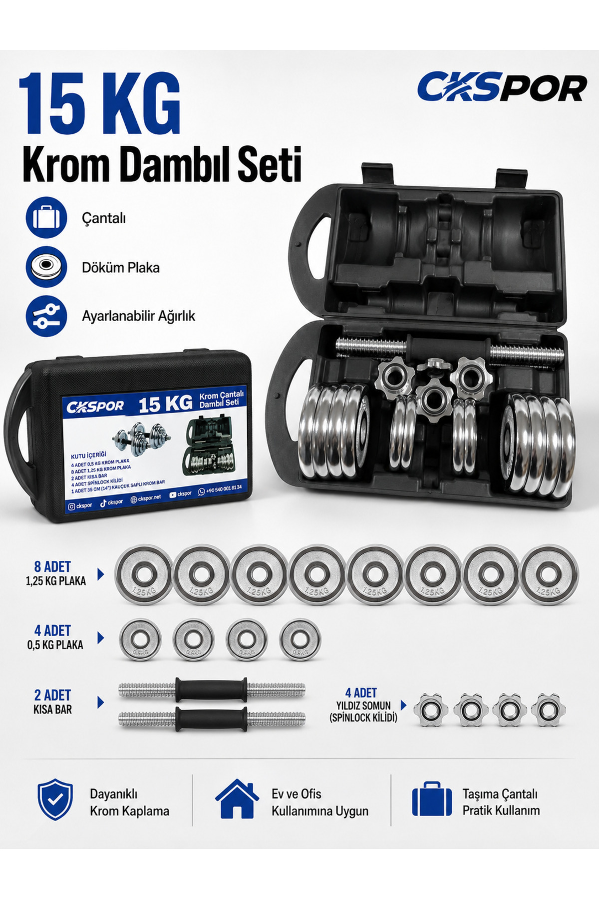 CKSpor 15 Kg Çantalı Krom Dambıl Seti Döküm Plaka Dambıl Ağırlık