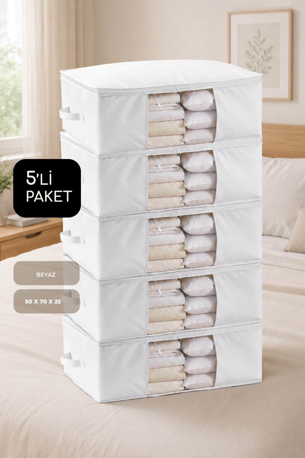 5-Piece Set Large Size 70x50x25cm Windowed Sofa Bed & Base Bottom, Duvet & Pillow Organizer Hatch White