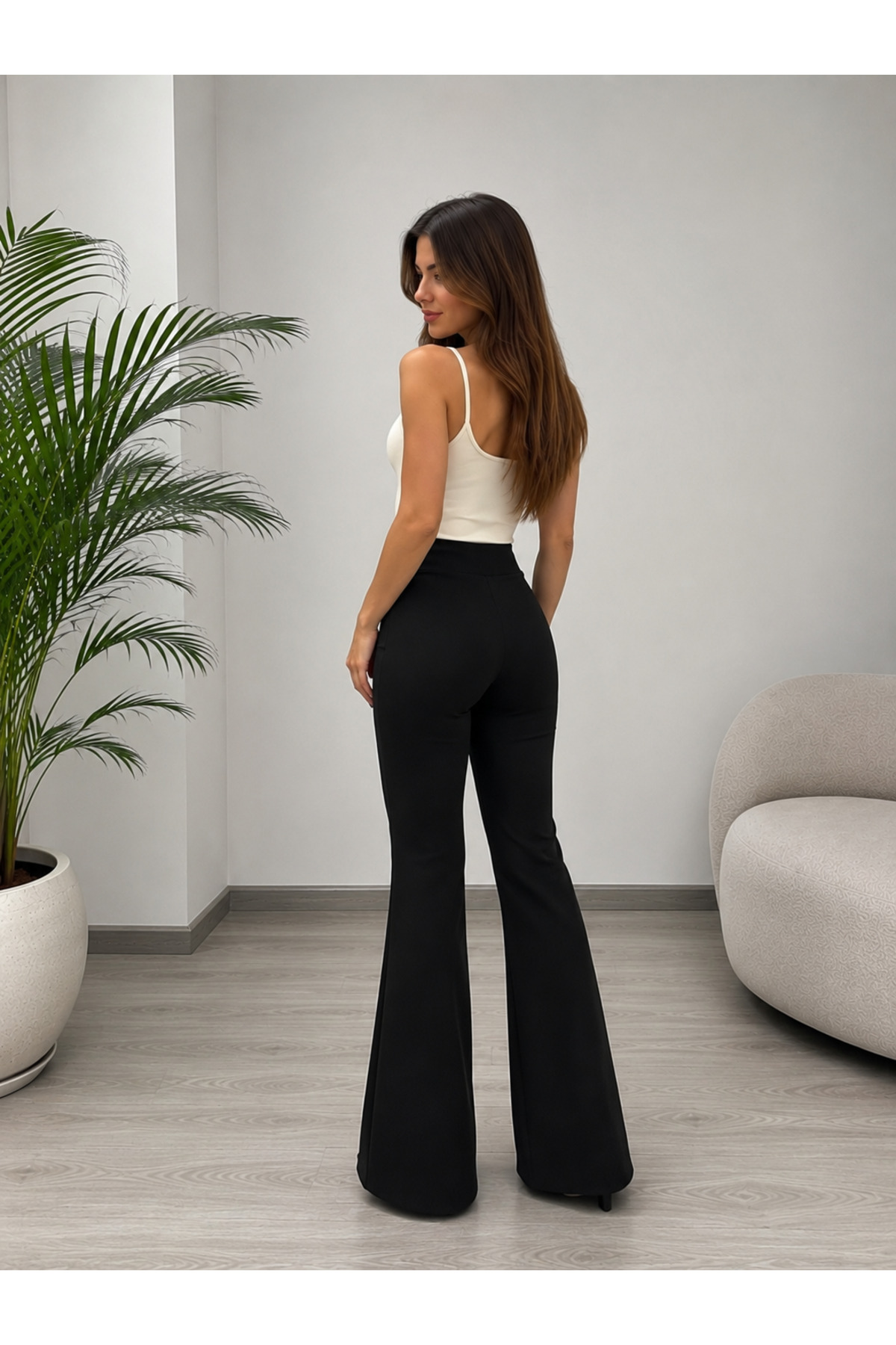ECEYLÜL MODA KADIN SİYAH SCUBA KREP YÜKSEK BEL İSPANYOL PAÇA PANTOLON(kısa süreligine lansman fiyatı) görsel 7