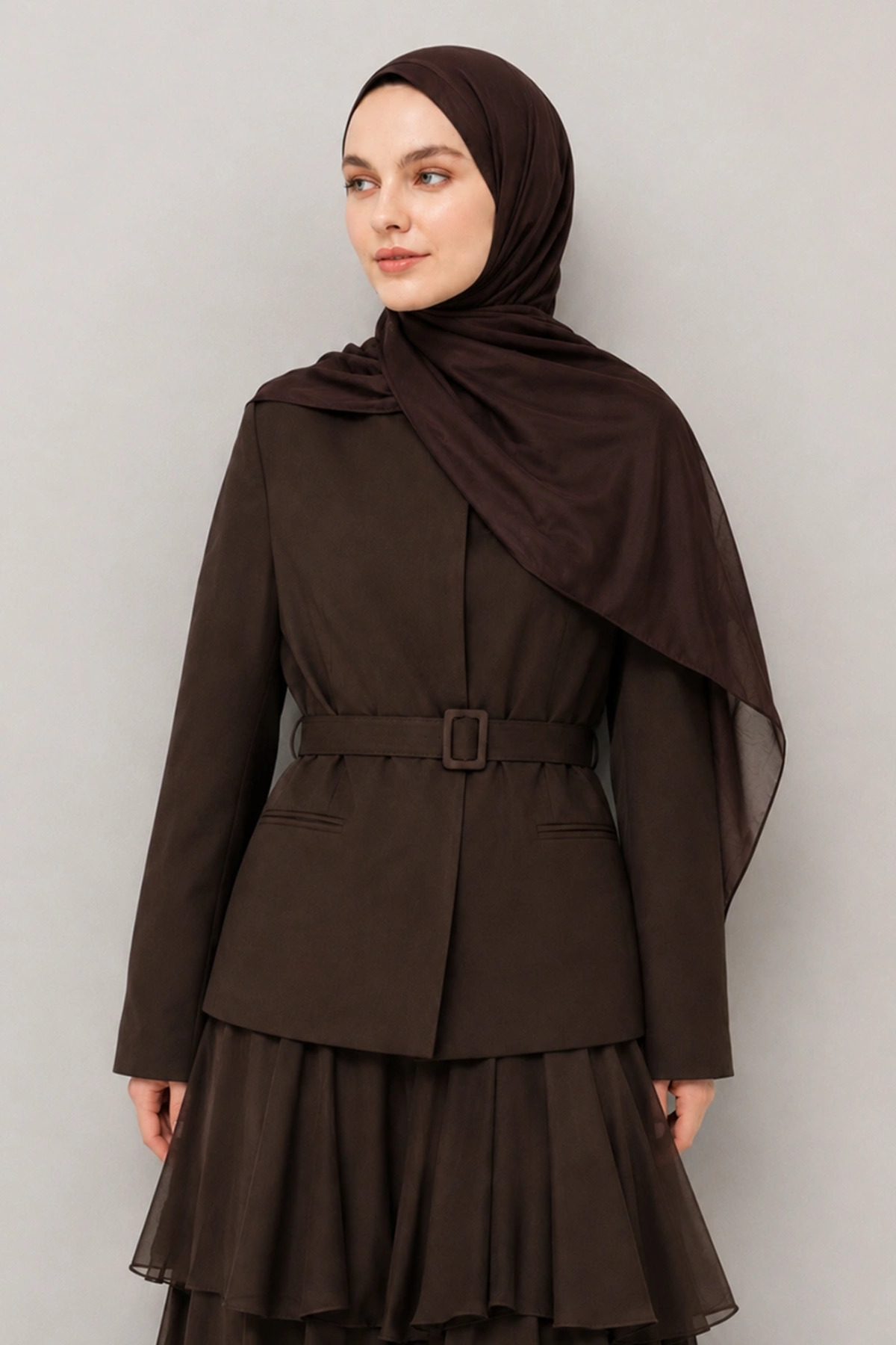Madame Polo Krep Şifon Şal - Acı Kahve görsel 4