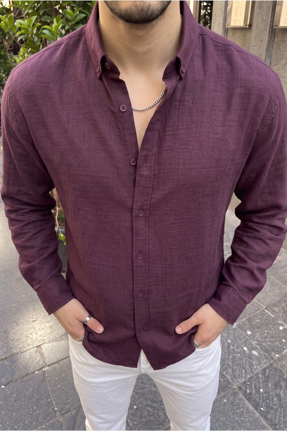 Napas Erkek Oversize Keten Görünümlü Mürdüm Gömlek — رنگارنگ 33003 — تصویر 4 از 7