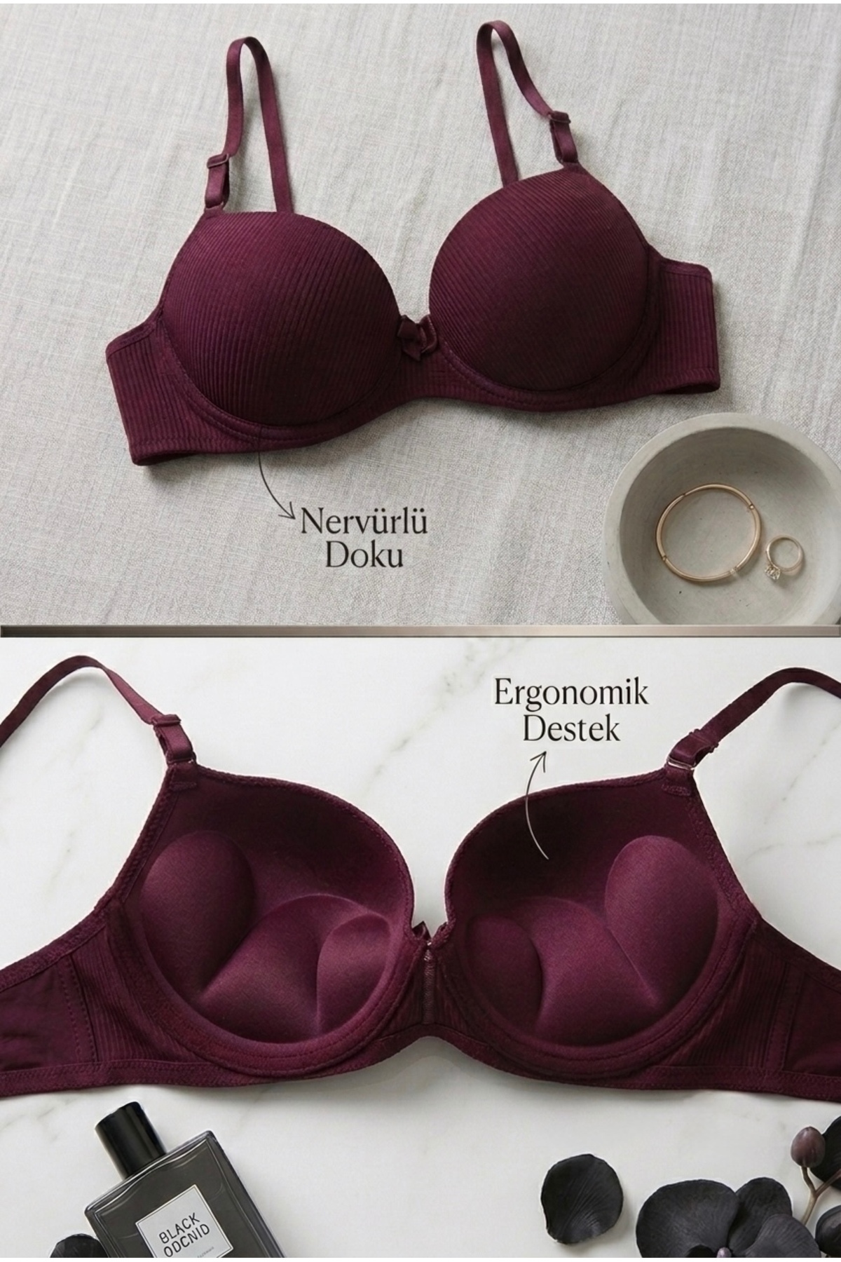 Lavint Homewear Koyu Mürdüm Ultra Push-Up Çizgili Destekli Balenli Slikonlu Sihirli Sütyen
