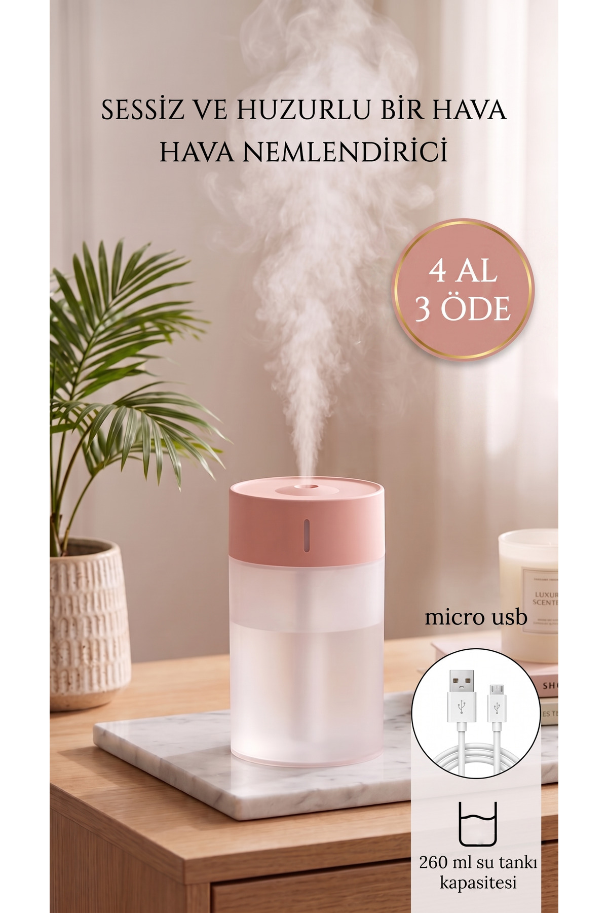 260 ml Ultrasonik Hava Nemlendirici Buhar Makinesi 4-6 Saat Mini Taşınabilir USB