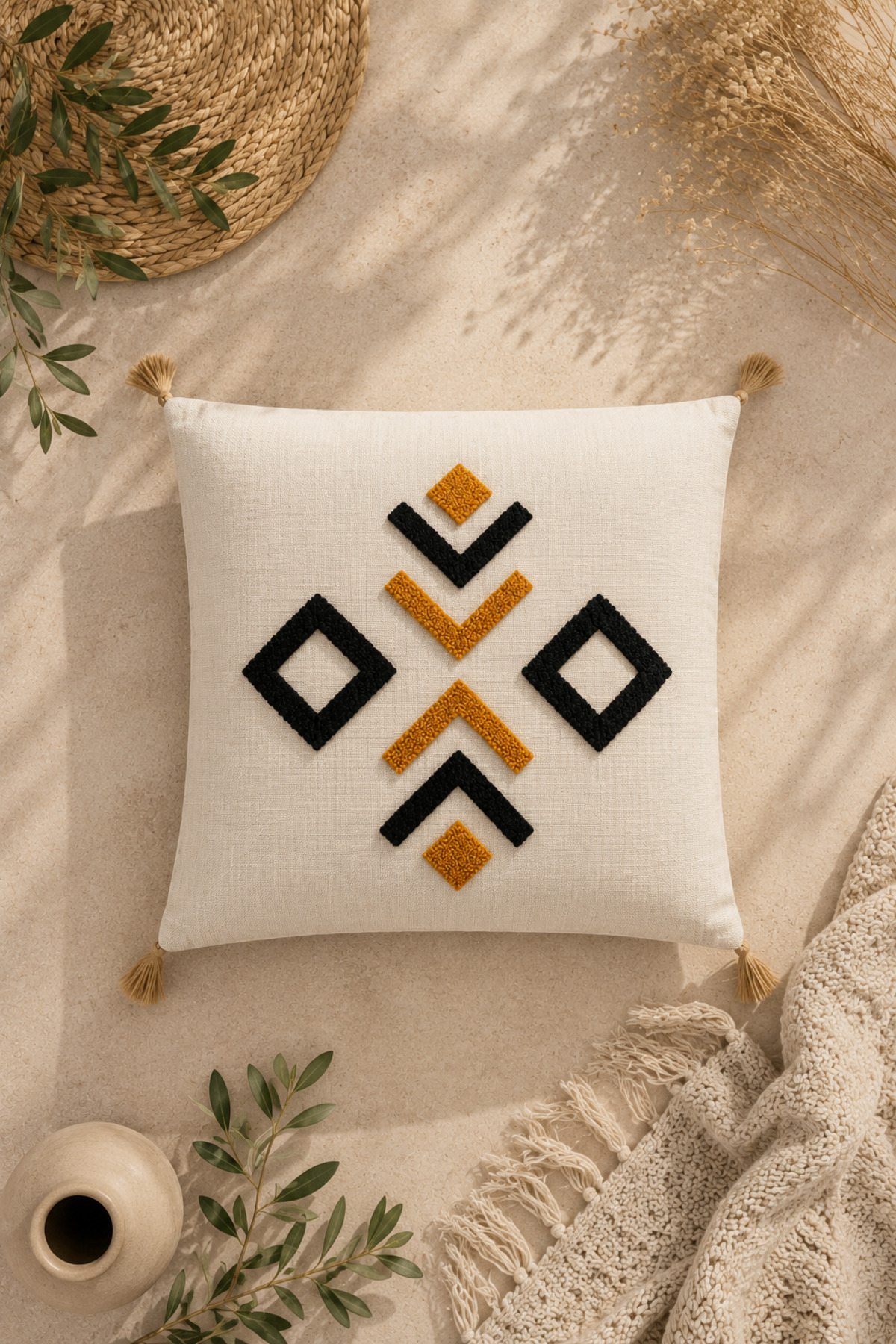 Dekoratif Punch Kırlent Kılıfı Keten Kumaş Gizli Fermuarlı 43x43