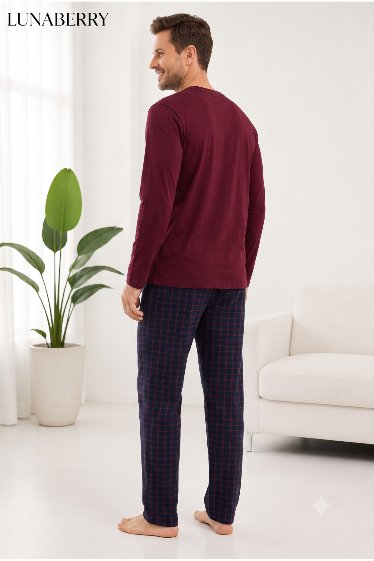 Lunaberry Babalar Günü Erkek Pijama Takımı 100% Pamuk Ekose Desen Uzun Kollu Cepli Mevsimlik Damat Hastane Bayramlık görsel 6