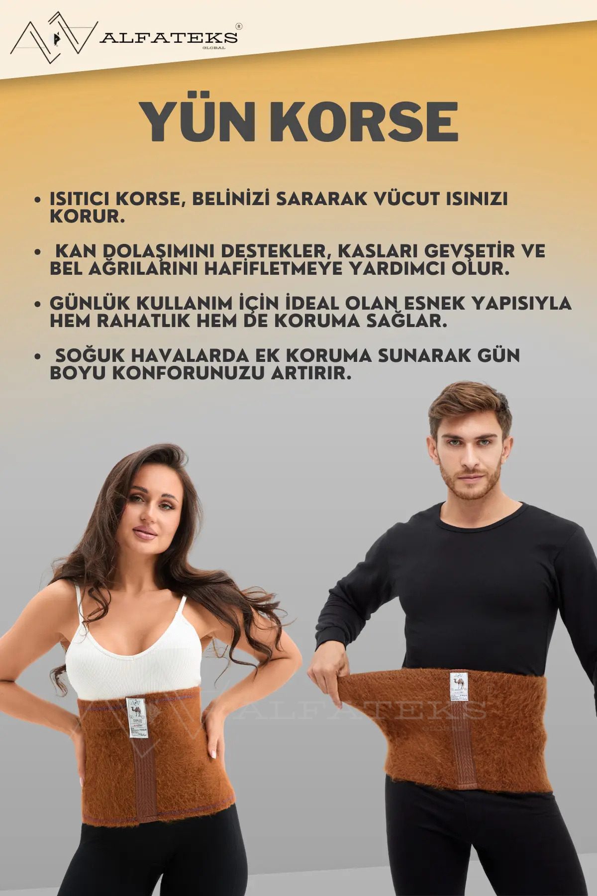 ALFATEKS Kahve Unisex Termal Yün Bel Korse - Isıtır - Sıcak Tutar - Ağrı Önler - destekler görsel 2